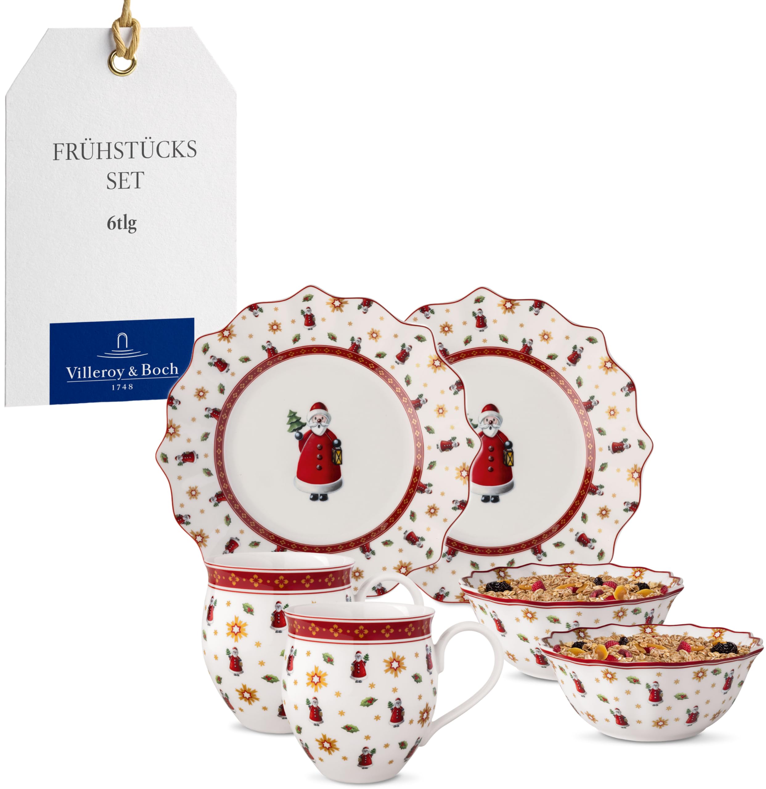 Villeroy & Boch - Toy's Delight Frühstücks-Set für 2 Santa 6 teilig Bunt, Weihnachten, Geschirr Set mit Frühstückstellern, Tassen und Schüsseln, Weihnachtsgeschirr, Premium Porzellan