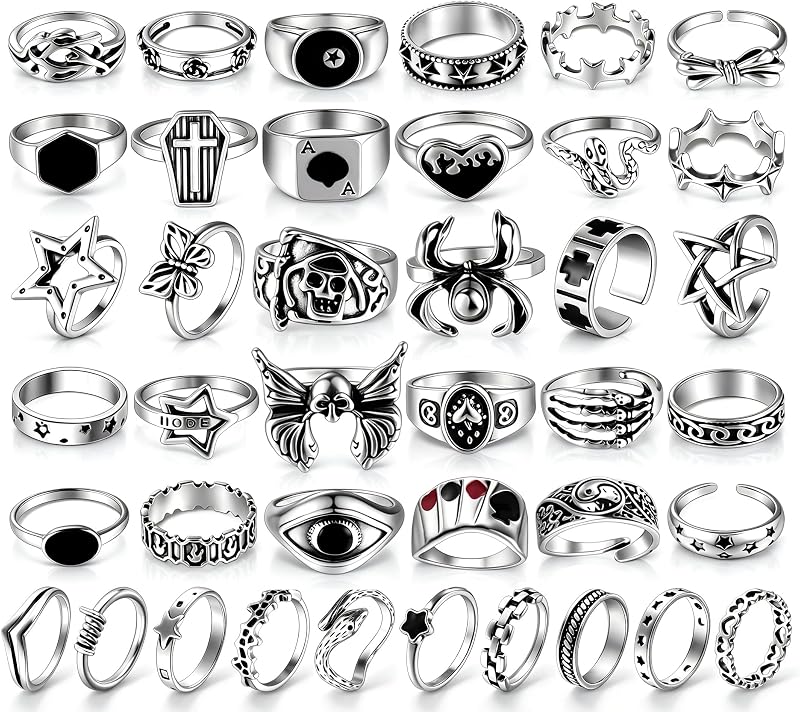 Vintage Silver Rings for Women Men, 40PCS Gothic Jewelry Set