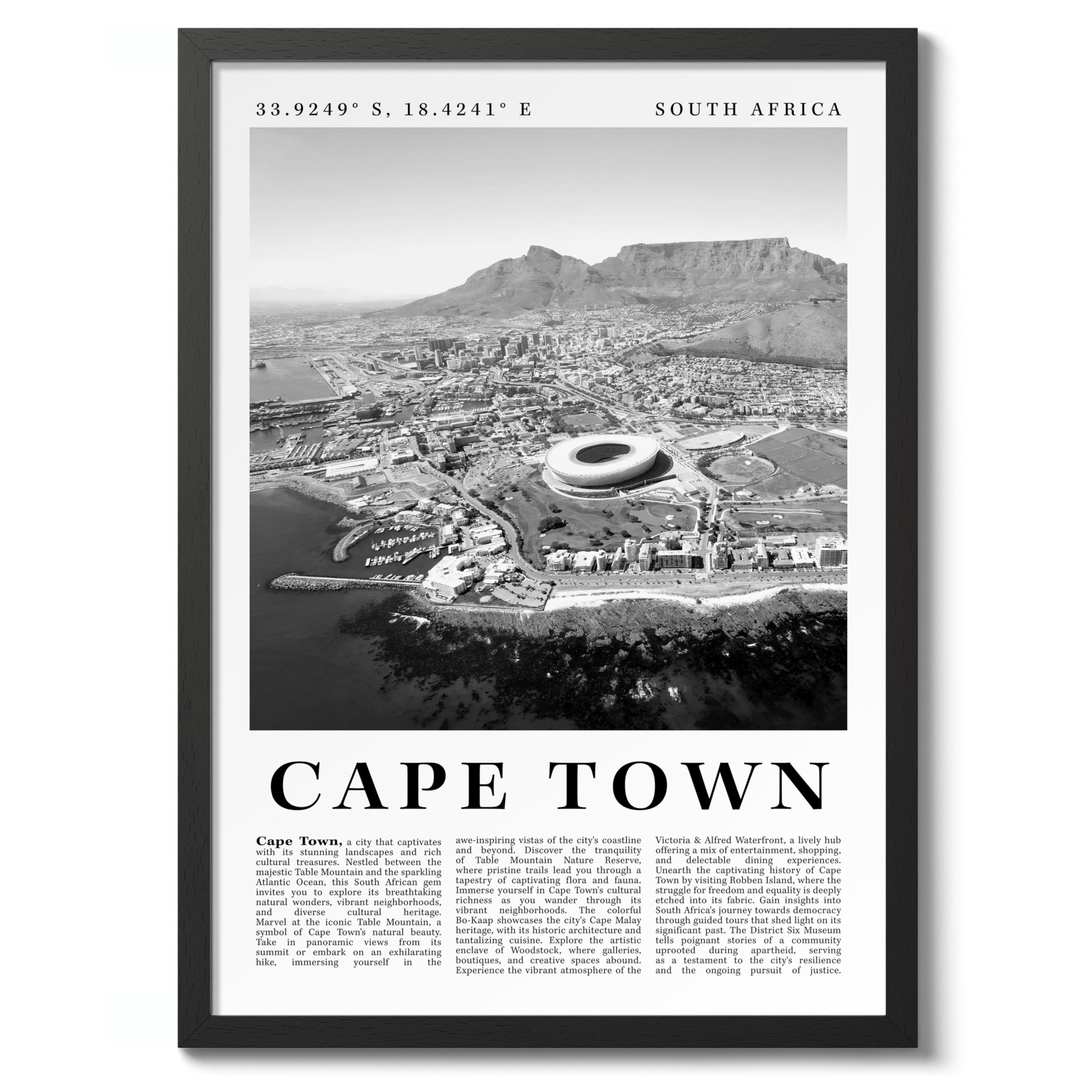 Cape Town - South Africa Travel Poster, Black & White Print, City Landmark. Modern Home Wall Decor For Living Room Bedroom, Archival Matte, 50x70cm (Black Frame) - 50x70cm