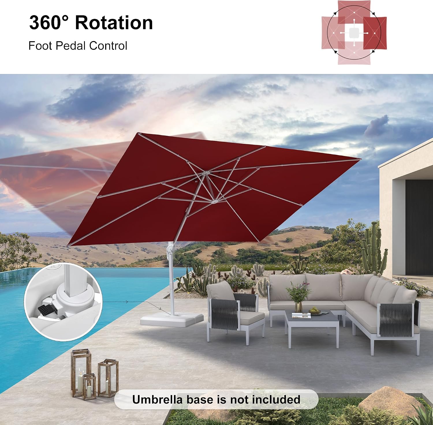 PURPLE LEAF 10' × 13' Patio Umbrella White Cantilever Umbrella Aluminum Square Outdoor Offset Umbrella Hanging Windproof with 360° Rotation for Garden Deck Pool, Red