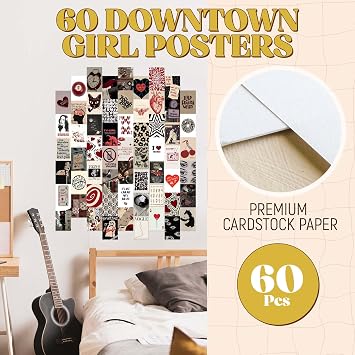 60 pcs Downtown Girl Room Décor, Coquette y2k 2000’s Grunge Posters, TV Girl Lana Del Rey Retro Music Wall Art for Bedroom, Trendy Vintage Funky College Dorm Wall Collage Kit Aesthetic Pictures