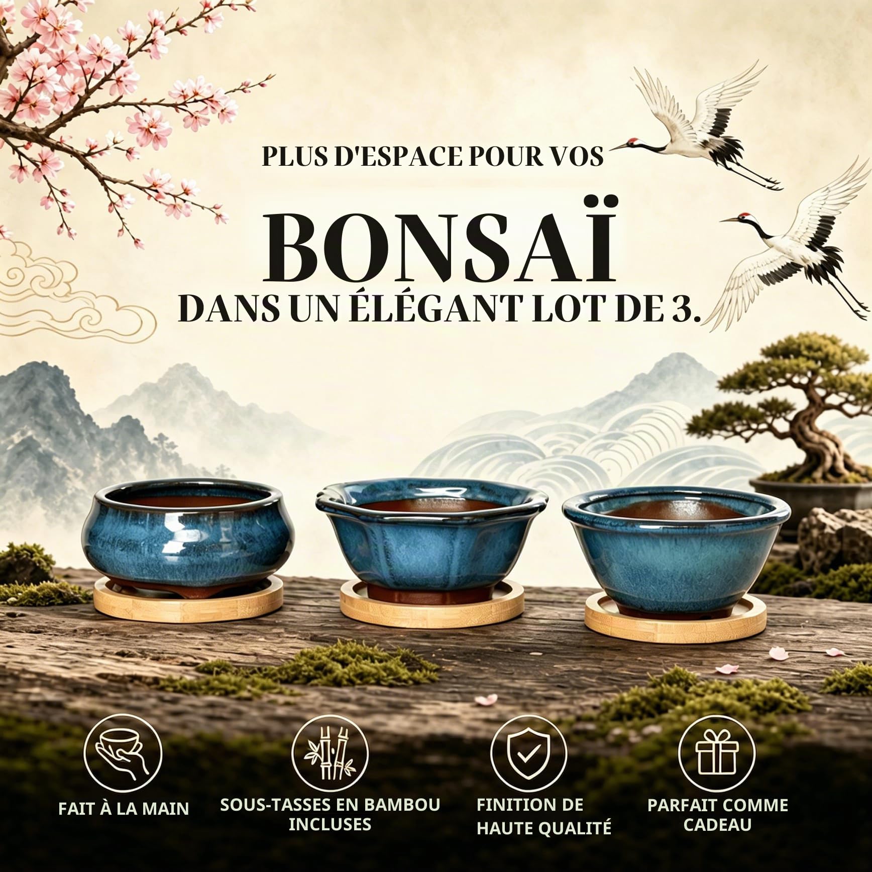 Lot de 3 Pots à Bonsaï en Céramique Émaillée avec Trous de Drainage, Grilles Filtrantes & Plateaux en Bambou| Design Japonais Traditionnel | Idéal Plantes Intérieures & Décoration