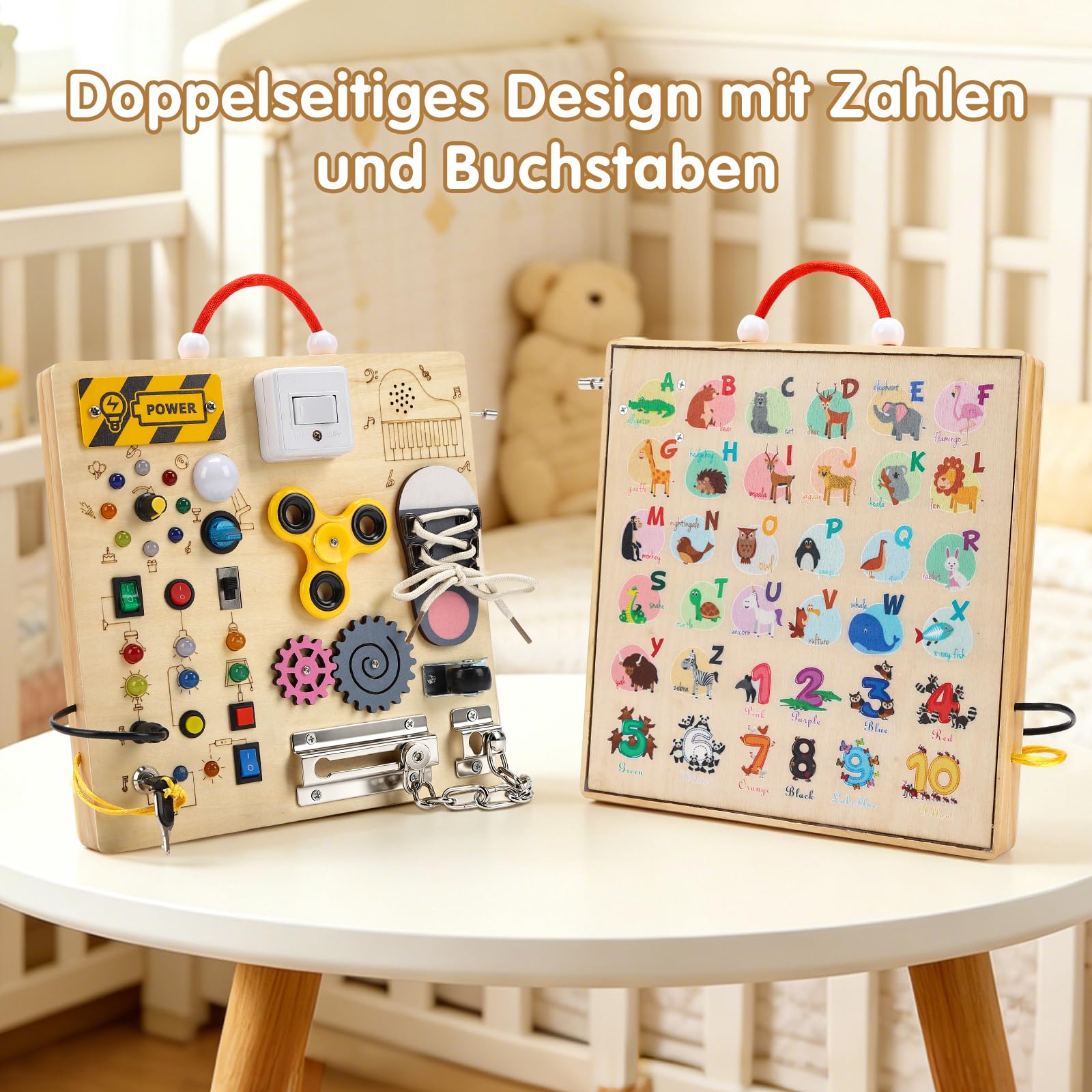 Montessori Busy Board Activity Board ab 1 Jahr,Lernspielzeug Motorikspielzeug Sensorik Spielzeug Holzspielzeug,Leuchten Sensory Learning Spielzeug mit Musikwerk & Farbmischfunktion