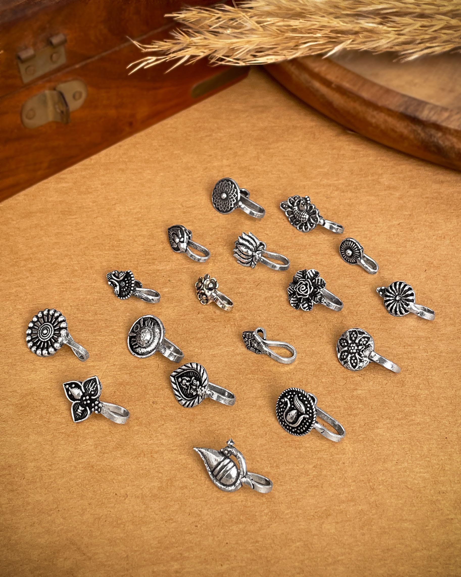 naman arts Oxidized Clip On Nosepin | Bohemian Nose Ring for Women | No Piercing Traditional Nath | Pack of 17 NA_17NP_CP_7-picture-24