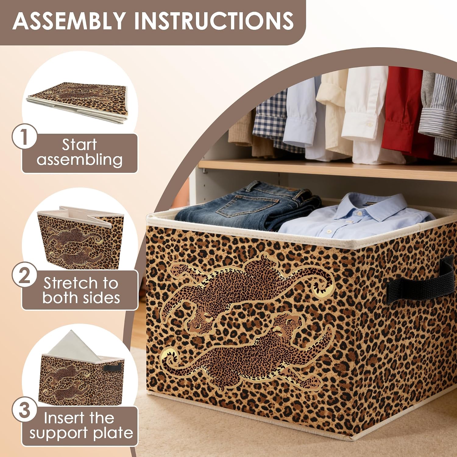 Brown Leopard Print Storage Bins with Handles, Cheetah Room Decor, Trendy Funny Cheetah Collapsible Storage Box Basket Books Clothes Organizer for Girls Bedroom Bathroom Home image 4