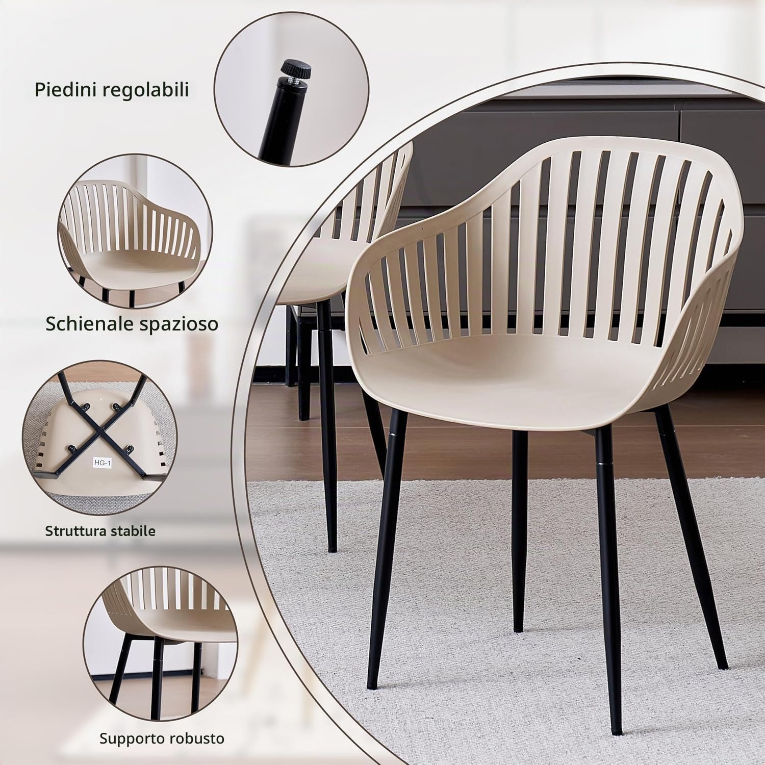 GrandCA HOME Set di 8 Sedie da Pranzo Moderne, Sedia da Cucina con Braccioli, con Schienale cavo Verticale e Gambe in Metallo Nero, Adatte per Soggiorno, Balcone, Ufficio - Cachi