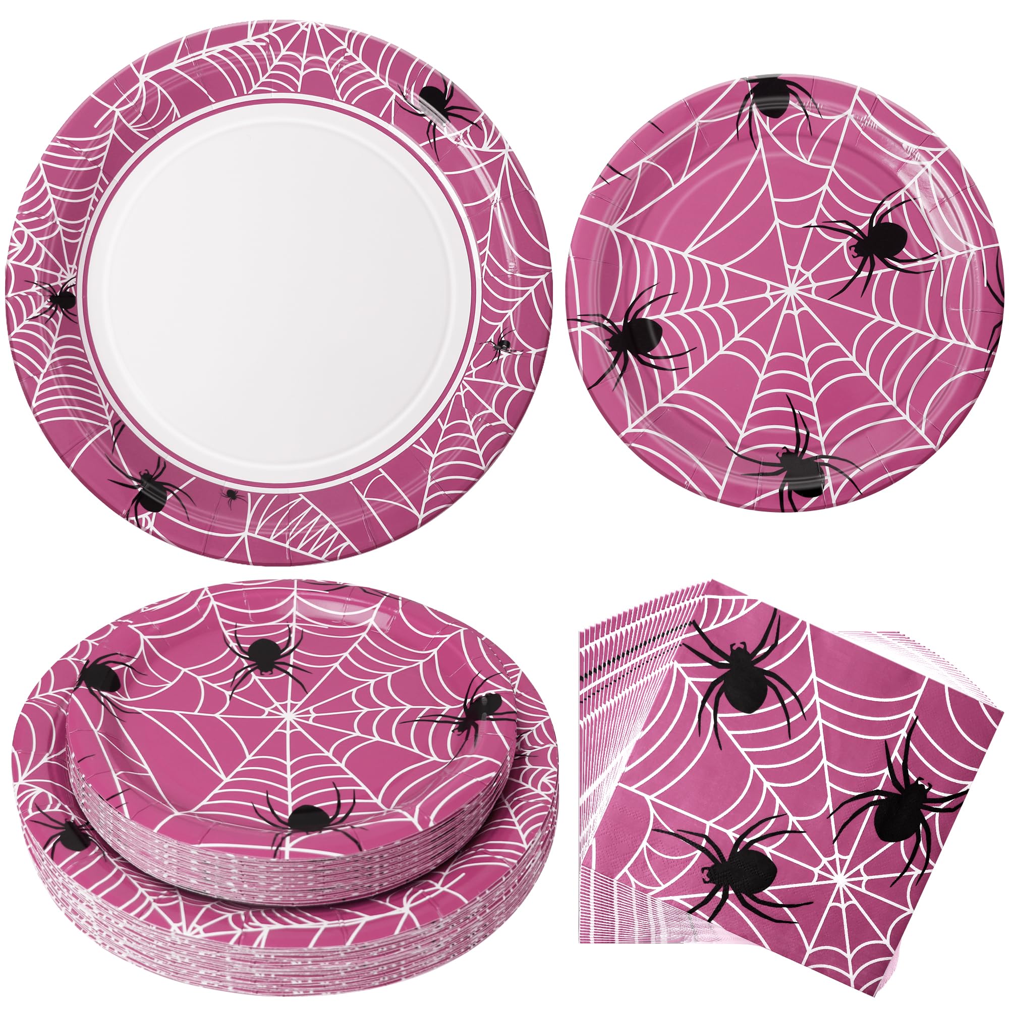 75pcs Spider Party Supplies, 25 Guest Disposable Pink Paper Plates & Napkins, Tableware Decorations Favors, Including 9" & 7" Plates & Napkins for