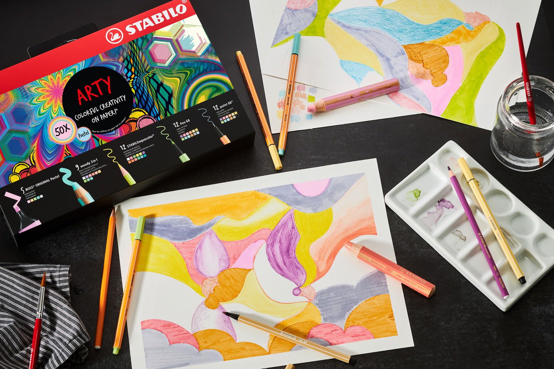 STABILO - set de rotuladores - ARTY Creative Set | Pastel, pack de 50, fluorescente, lápices multiusos, lápices de color acuarelables, punta fina, rotuladores Premium