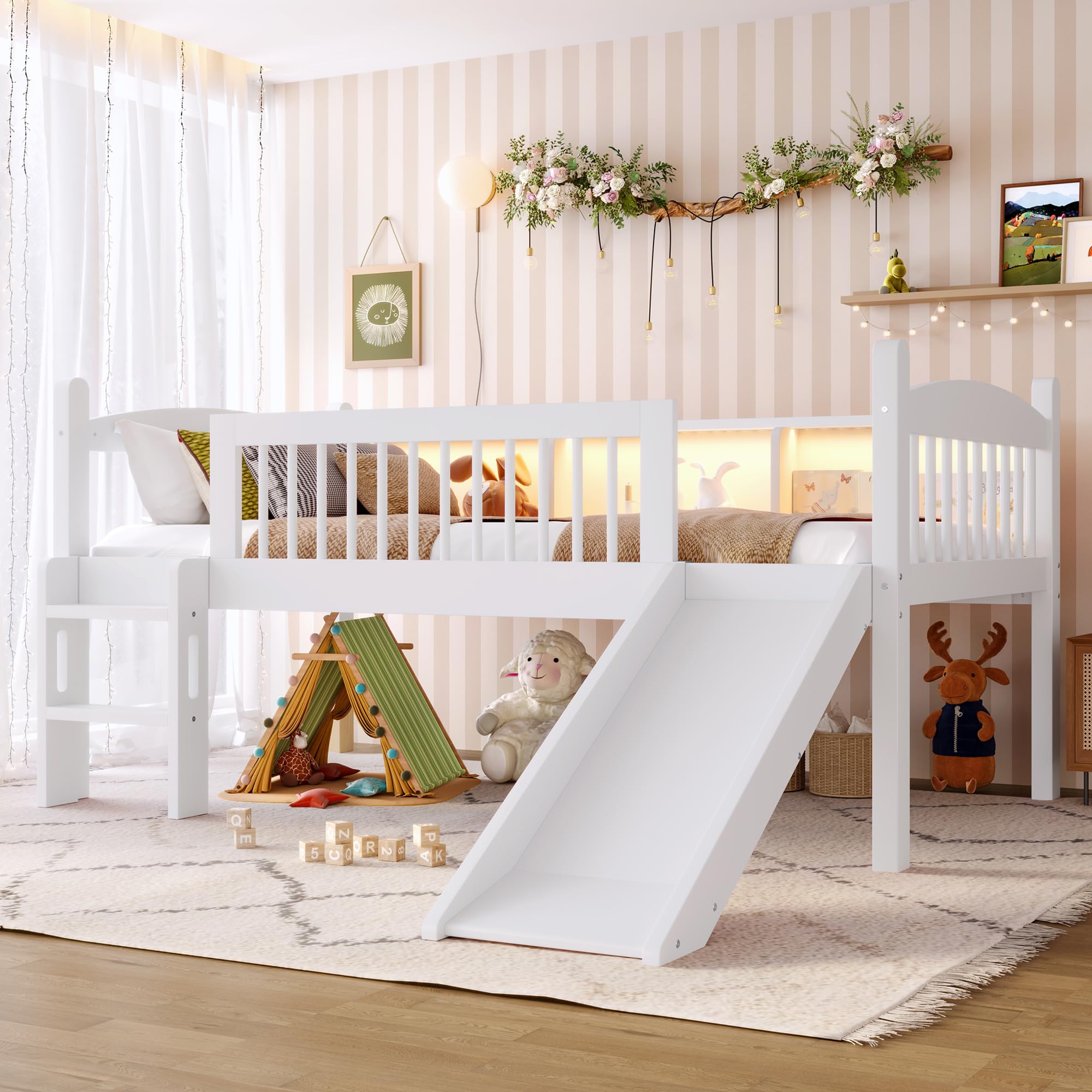Twin Loft Bed with Storage Shelves, Solid Wood Lower Loft Bed with LED Lights and Full-Length Guardrails, No Box Spring Needed (Light White/T8)