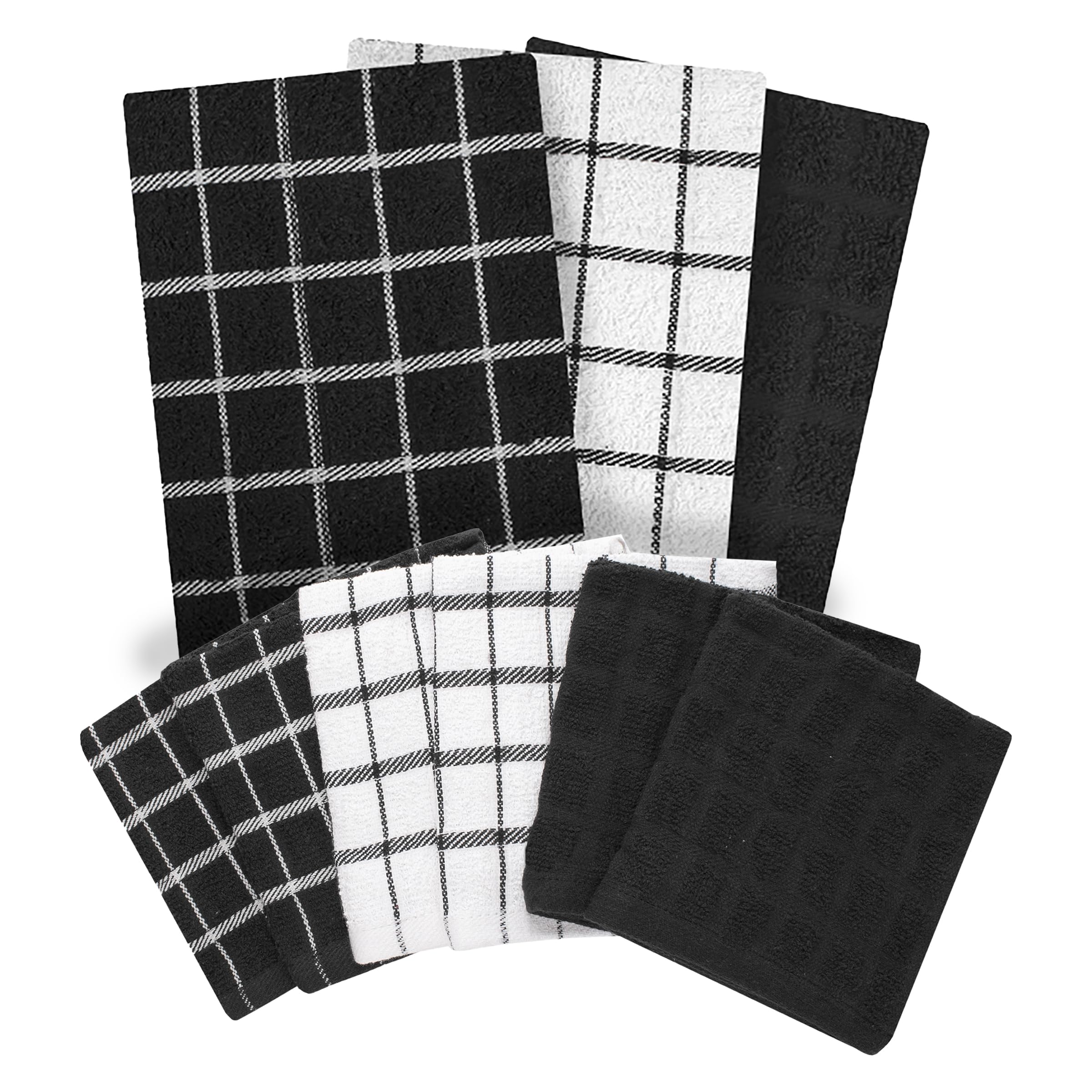 Ritz Lot de 6 torchons de cuisine et 3 lavettes de qualité supérieure très absorbants, super doux, durables, 100 % coton éponge, noir