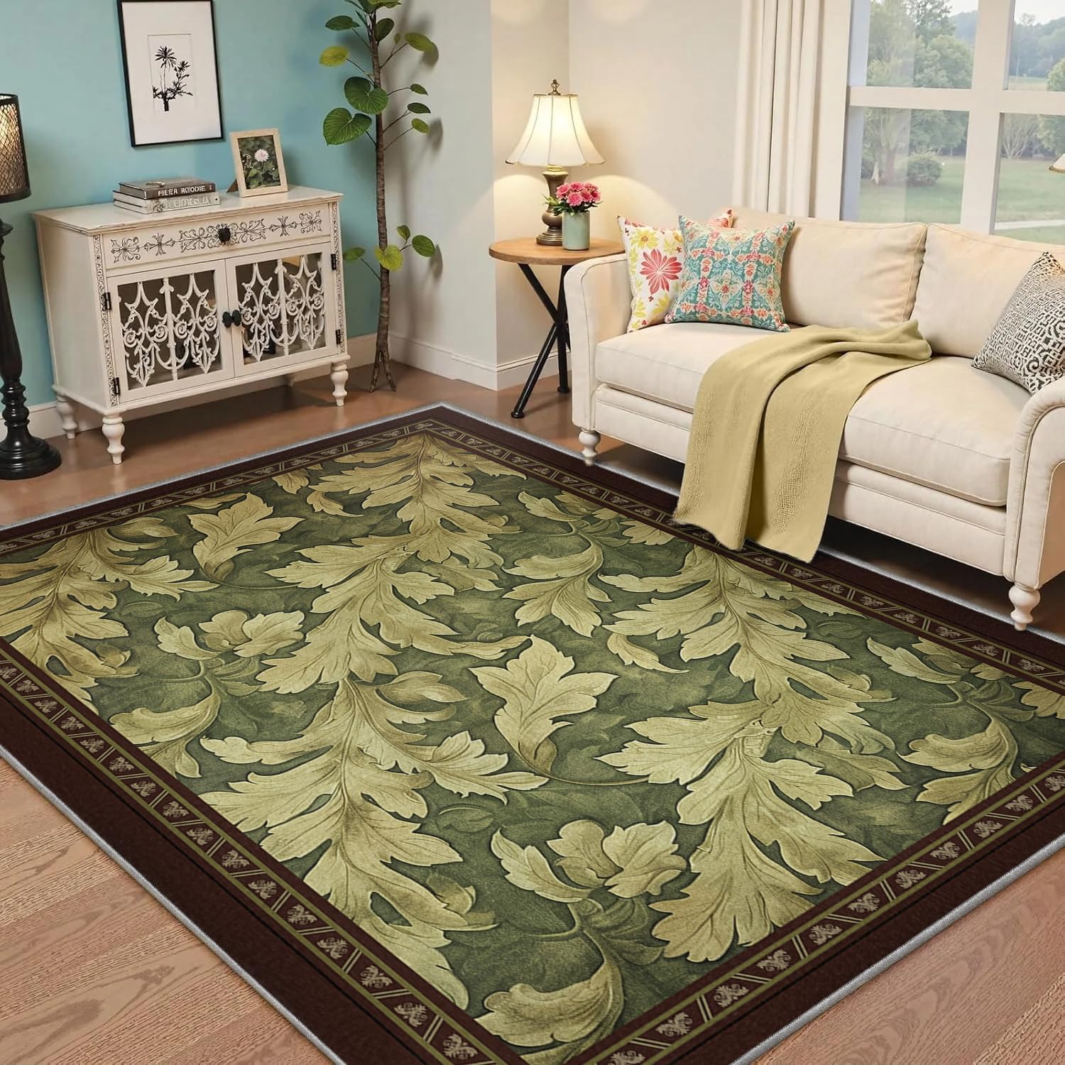 Tapis vert acanthe lavable et antidérapant style botanique victorien