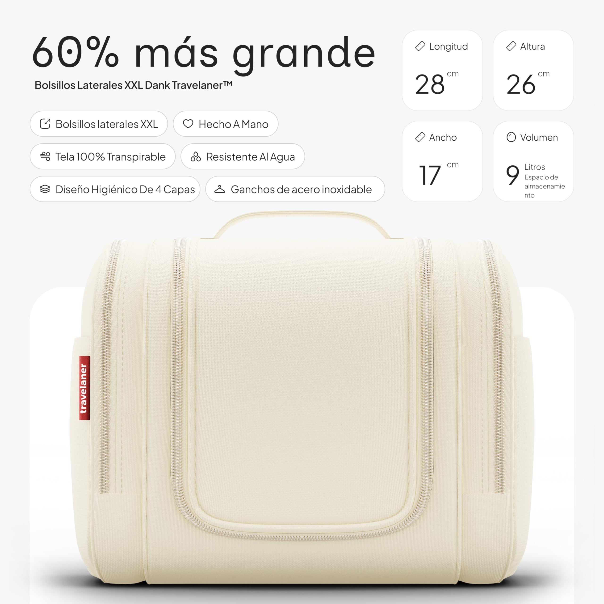 Travelaner® Neceser Hombre y Mujer Design 2026, XXL 3-en-1 Neceser de Viaje Colgante 9L, Gran Bolsa de Aseo Impermeable, Bolsa de Maquillaje, Beige Crema