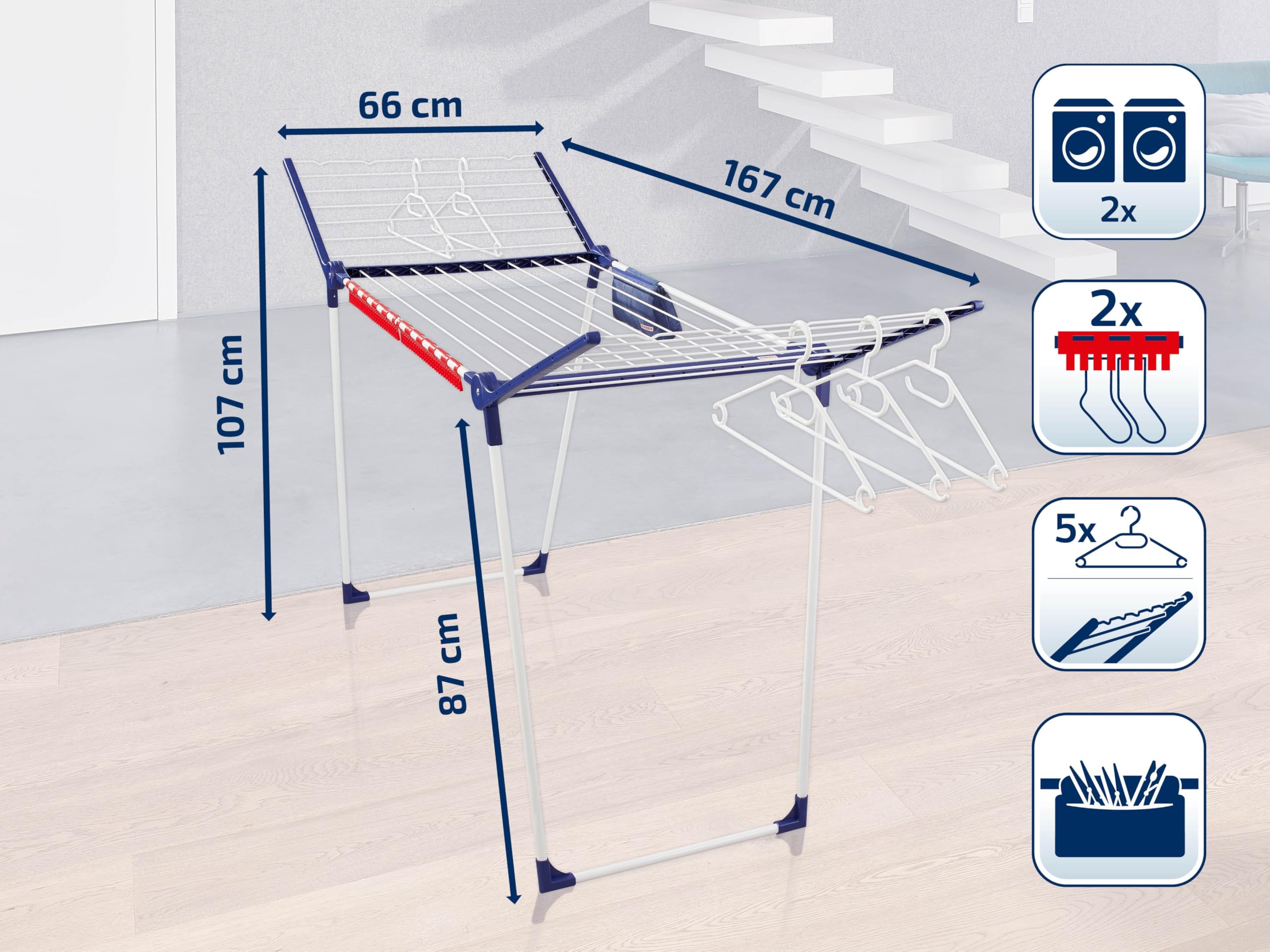 Leifheit Stendibiancheria Pegasus 200 Solid Deluxe Mobile, 20 m | Ruote girevoli 360°, alette alte 107 cm per capi lunghi, 5 accessori inclusi, pieghevole salvaspazio, antiruggine