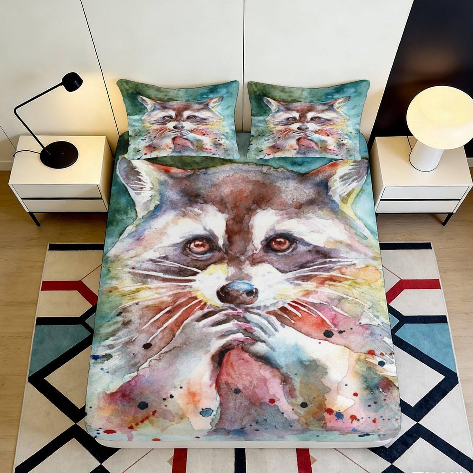 3D Printed Raccoon Pattern Fitted Sheet Microfiber Non-Slip Deep Pocket Raccoon Mattress Fitted Cover Bedroom Bedding 90x200x25cm
