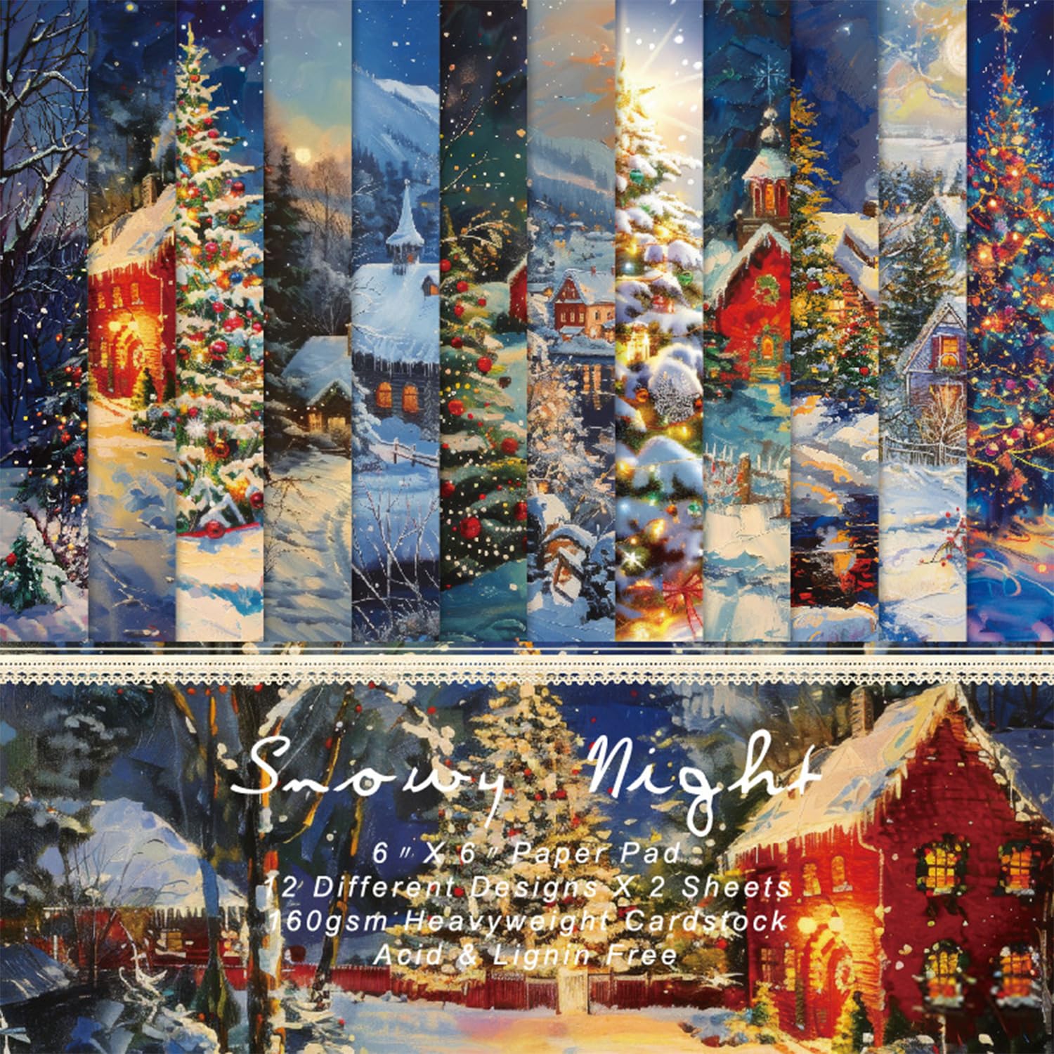 24 Blatt Weihnachten verschneite Nacht Muster Papier 15,2 x 15,2 cm weiß quadratisch beschichtetes Papier für DIY Kartenherstellung Scrapbooking Origami Geschenk Dekoration