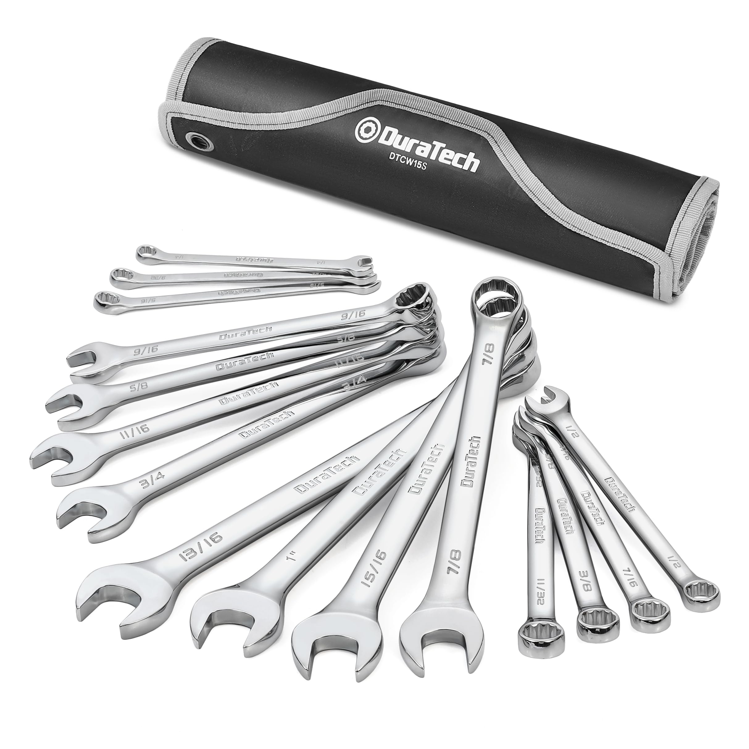 Combination Wrench Set, SAE, 15-Piece, 1/4" to 1", 12-Point, CR-V Steel, with Rolling Pouch