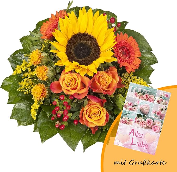 dominik blumen und pflanzen blumenstrauss sonnenlicht mit einer sonnenblume orangen rosen germini farberdistel und goldrute und grusskarte geburtstag amazon de garten