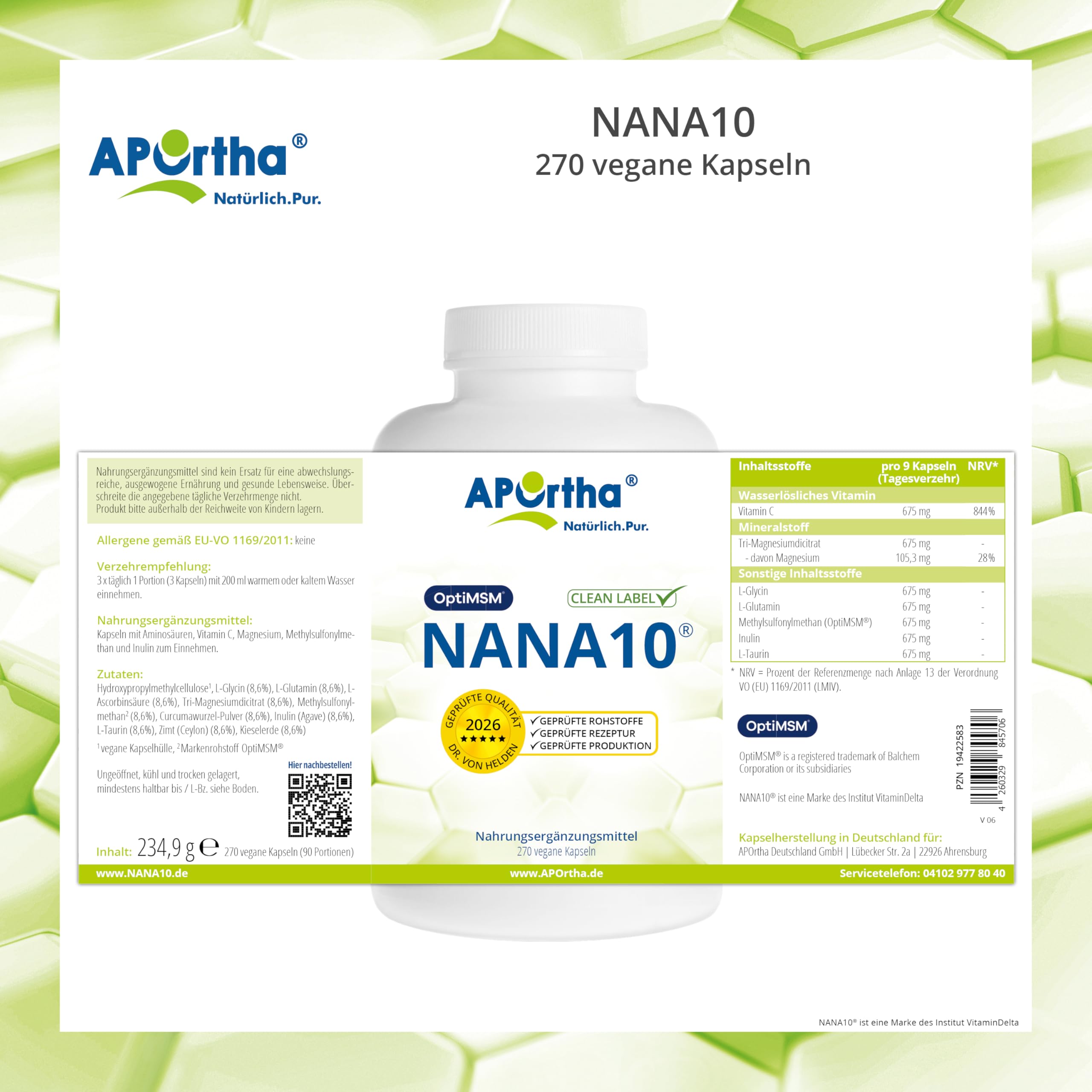APOrtha® NaNa10 270 vegane Kapseln, Rezeptur von Dr. von Helden mit 10 Komponenten, mit Vitamin C und Magnesium sowie L-Glycin, 270 Kapseln für 30 Tage, glutenfrei, allergenfrei, laktosefrei