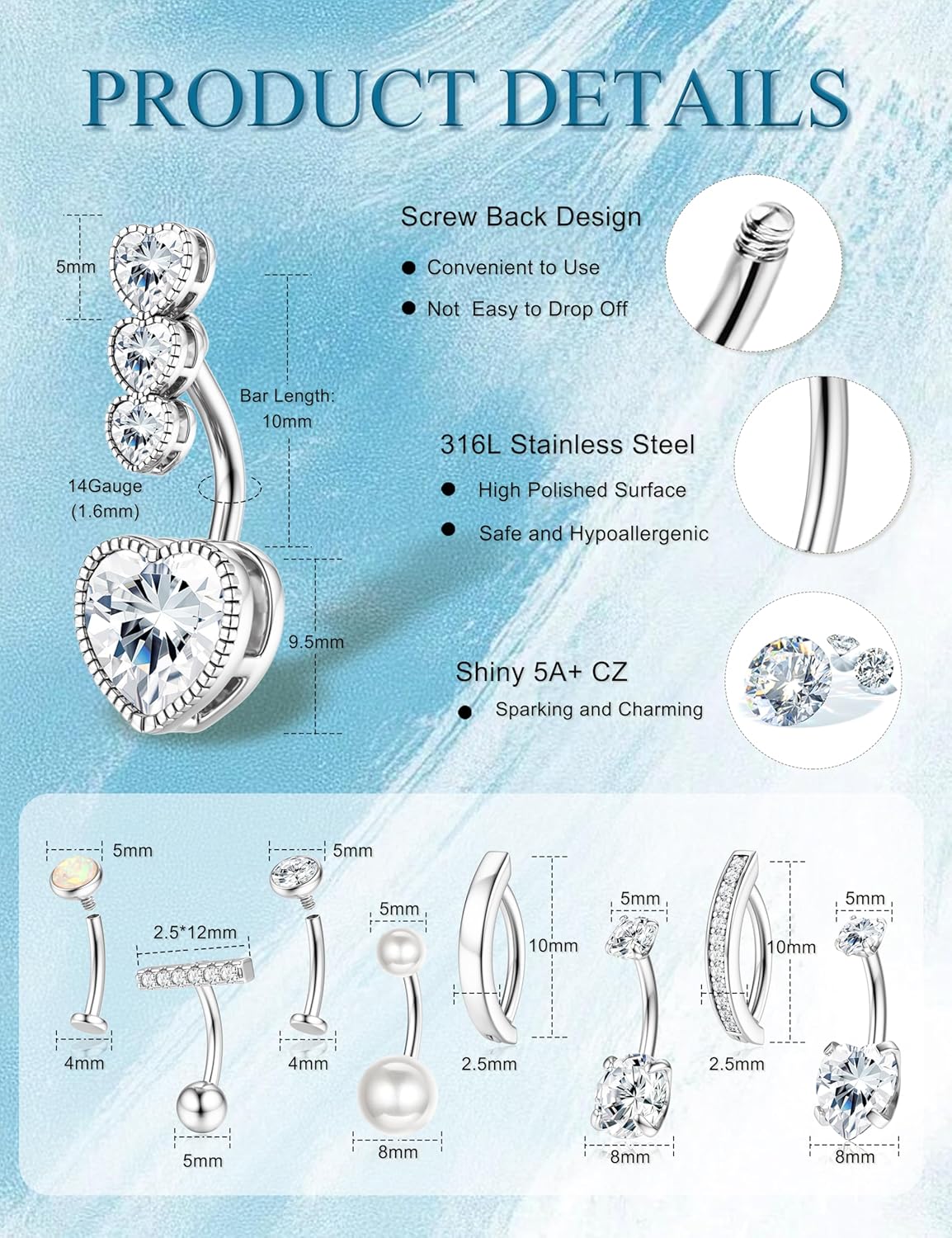 ORAZIO Gold Belly Button Ring - Hypoallergenic Surgical Stainless Steel Belly Rings for Women 14G CZ Opal Clicker Floating Belly Button Piercing Jewelry Pack Cute Dainty Navel Piercing Jewelry 9 Pcs - Image 5