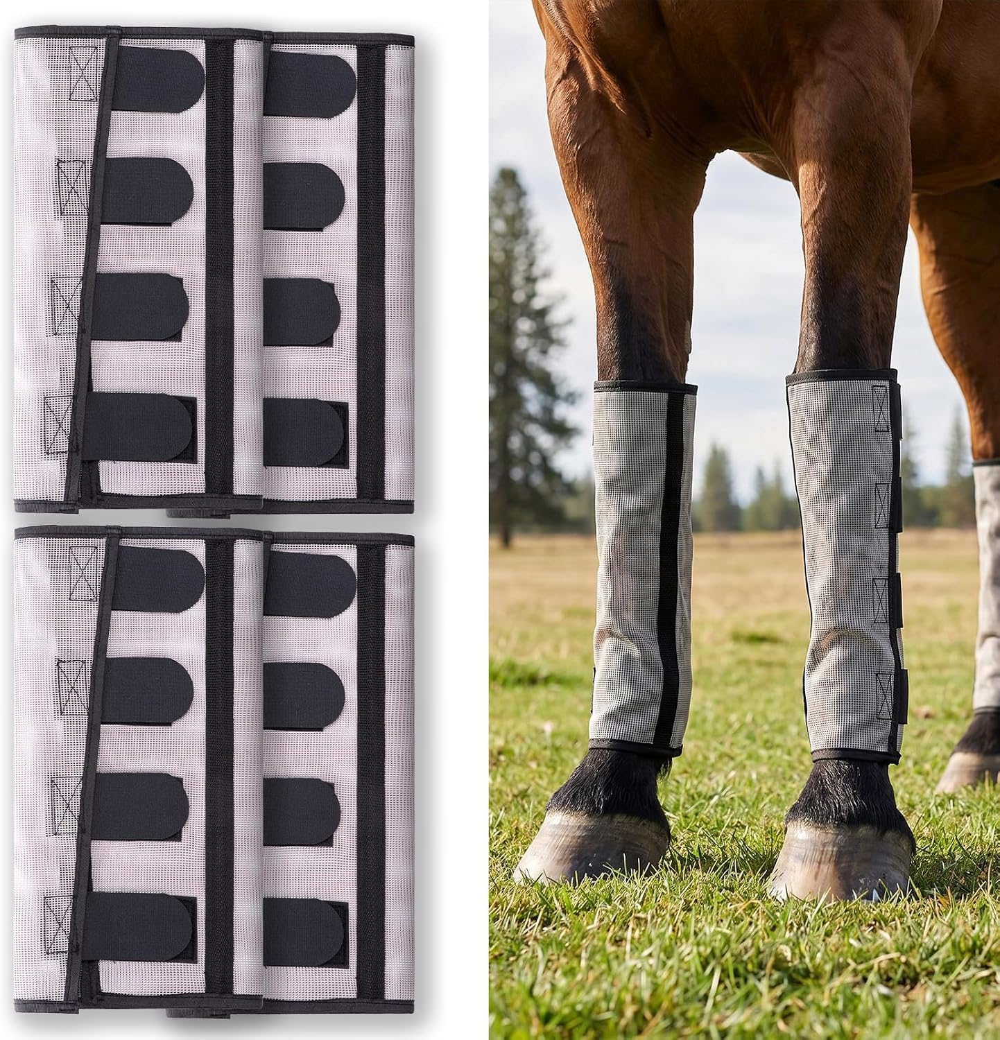Fly Boots for Horses Set of Four Plastic Loose Fitting Leggings | Breathable & Adjustable, Leg Protection, UV Protective, Reduce Stressful Stomping and Fatigue