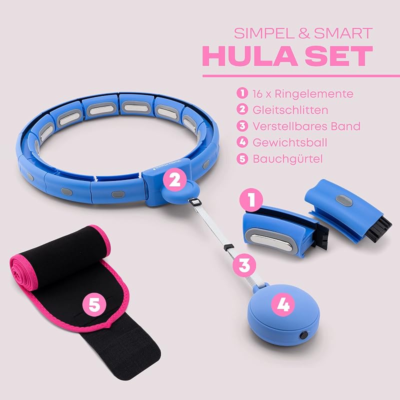 WELLRELAXX Okos Hula Hoop Csendes Súlygolyóval - 113 cm Átmérő Felnőtt Fitness Karika Fogyókúrás Övvel Kék