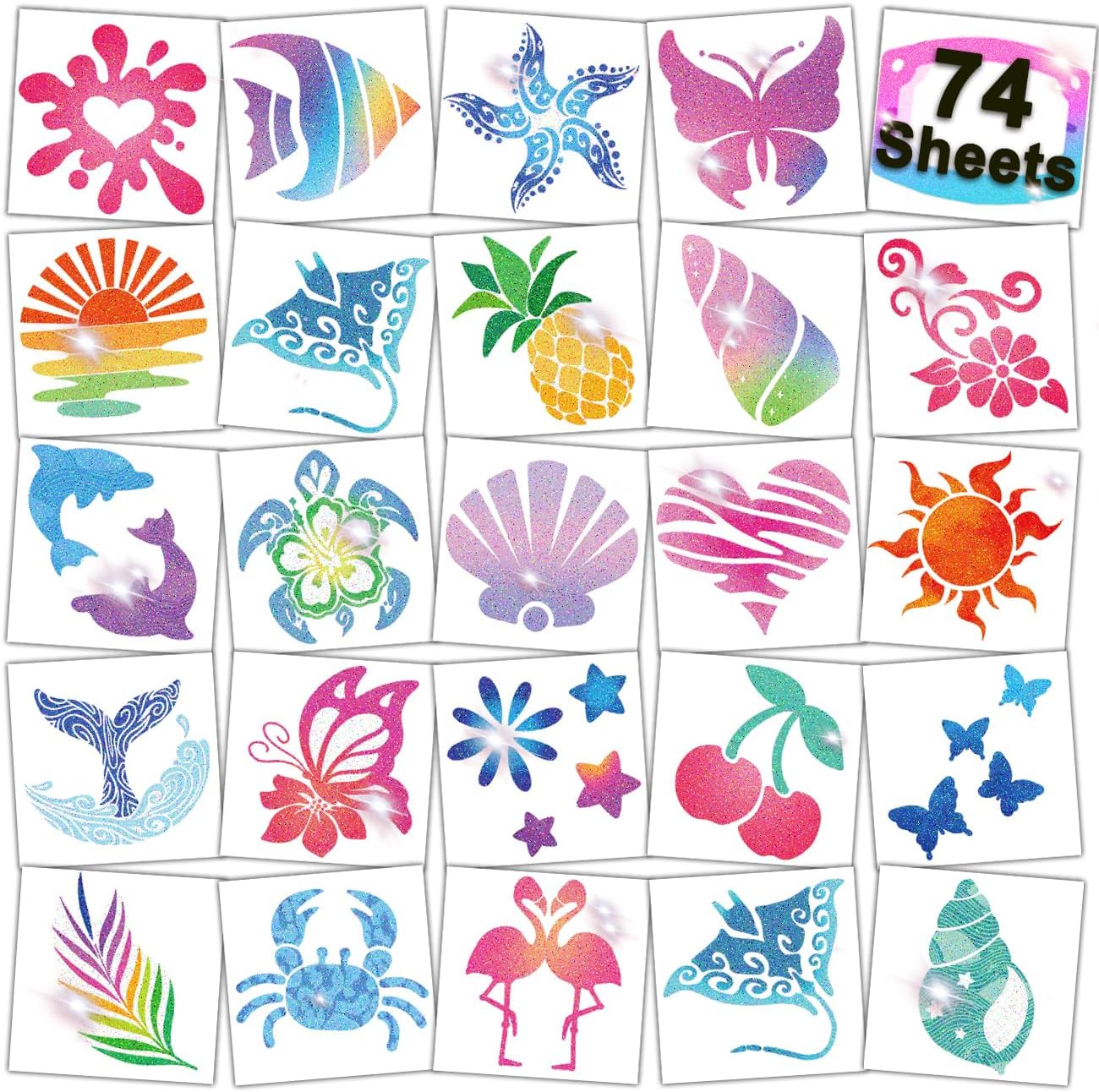 CHARLENT Glitter Temporary Tattoos for Aloha Party Decoration - 74 Individually Sheets Glitter Summer Tattoos for Kids Women Hawaiian Party Favors