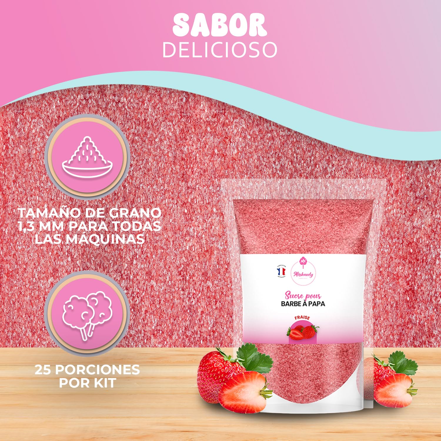 Misskandy Azúcar para Algodón de Azúcar Fresa 500GR Sabores Naturales