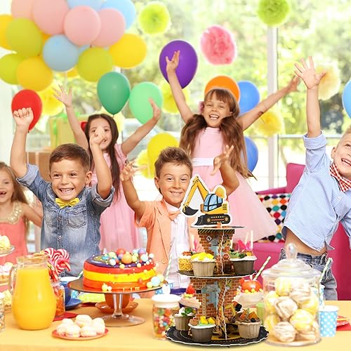 Miniatura 6 de Tiamon Decoraciones de cumpleaños de construcción de 3 niveles con tema de construcción, soporte para cupcakes, camión volquete de cartón, soporte