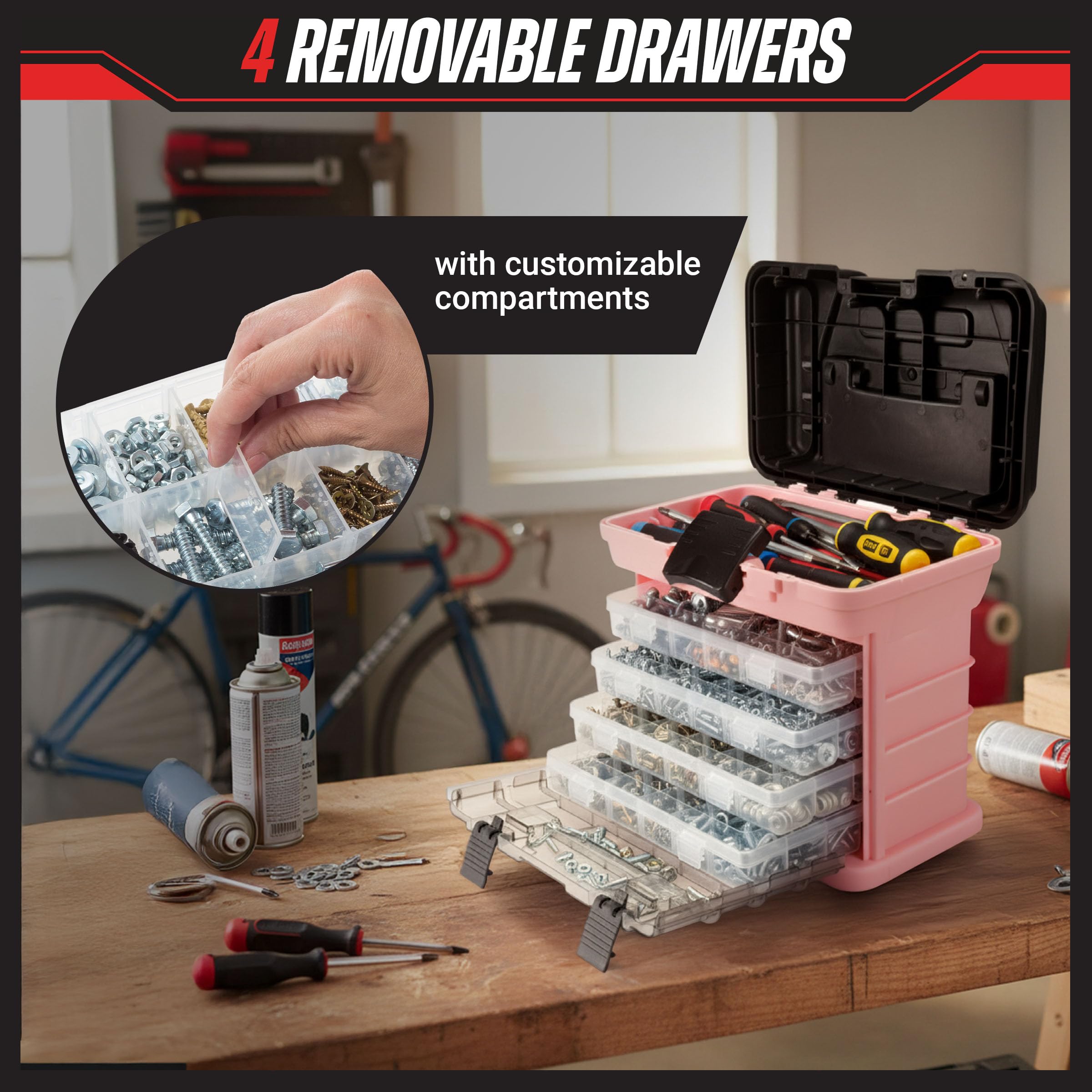 Pink Tool Box Organizer with Removable Compartments – Portable