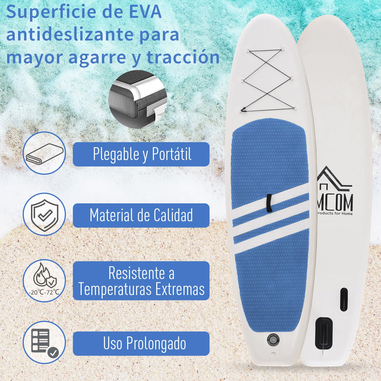HOMCOM Tabla de Paddle Surf Hinchable 305x80x15 cm con Remo de Aluminio Ajustable Desmontable Cubierta Antideslizante y Accesorios Completos Carga Máx. 120 kg Azul y Blanco