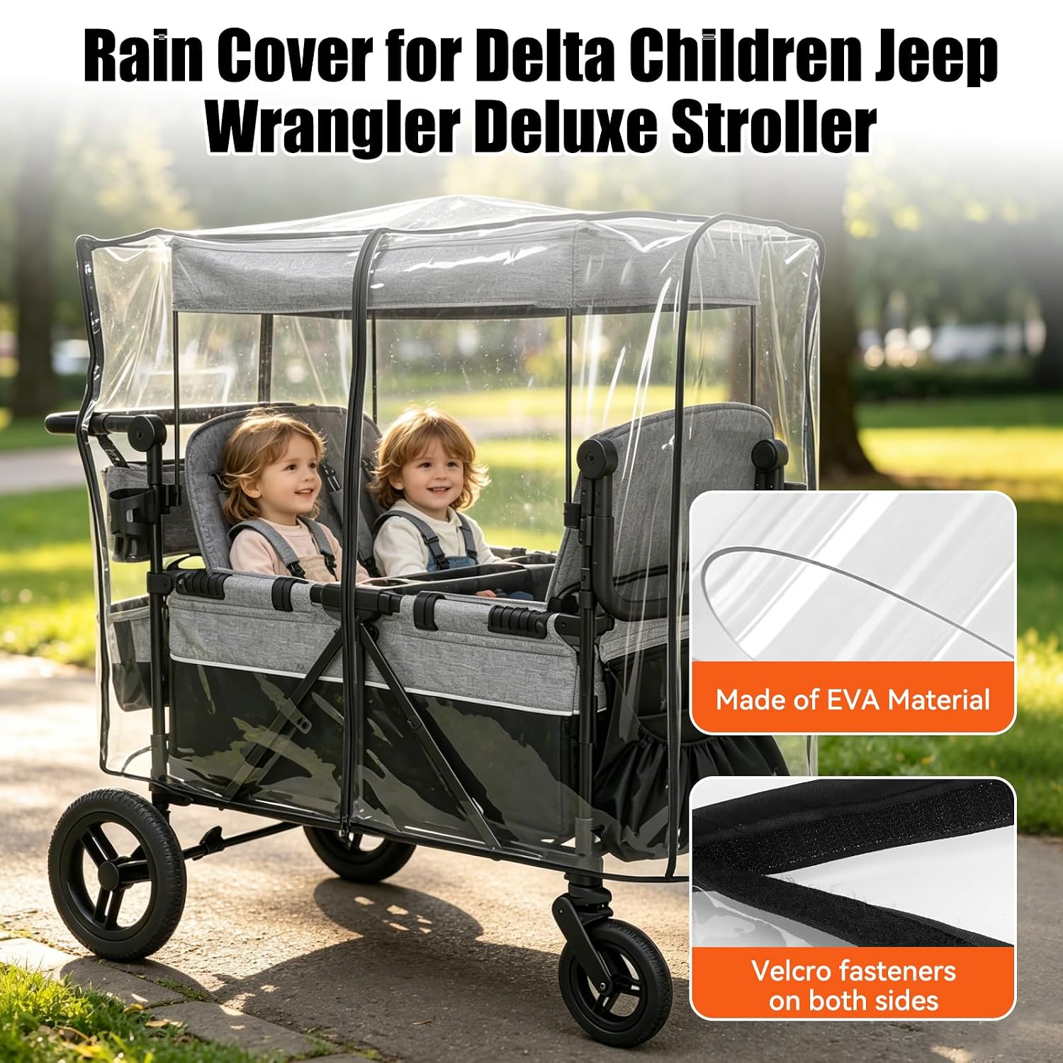 Stroller Rain Cover for Delta Children Jeep Wrangler 4 Seater-Windproof and Waterproof, Clear EVA, Easy Install,Maximum Coverage, (Wagon Not Included)
