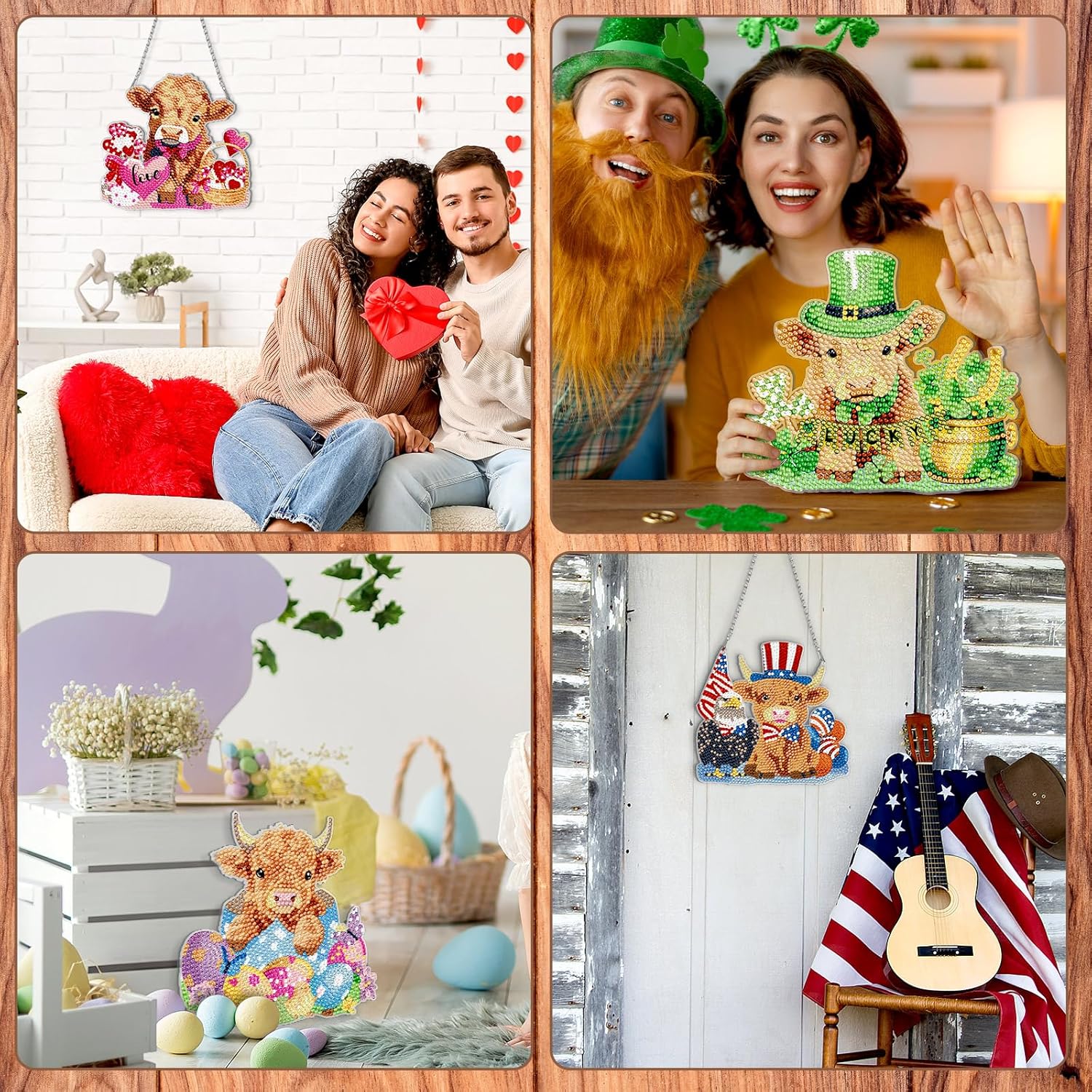 Cinnvoice 12 Pcs Seasonal Diamond Art Wreath Kits Holiday 5d DIY Diamond Painting Signs Germ Hanging Art Ornaments for Wall Door Decorations (Cow)