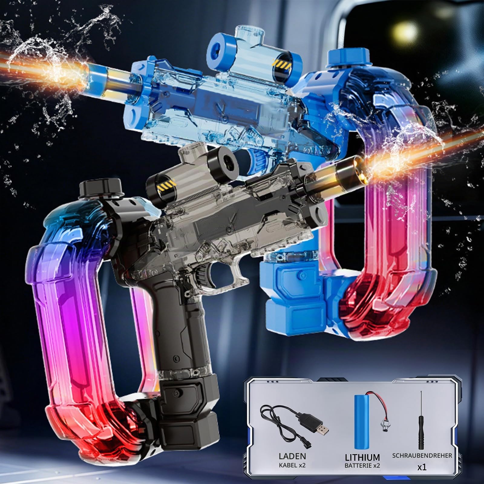 Elektrische Wasserpistole mit LED Licht, wiederaufladbar, Große Kapazität für Erwachsene und Kinder, automatische Wasserpistole für Pool, Strand Garten Outdoor (2 Stück A)