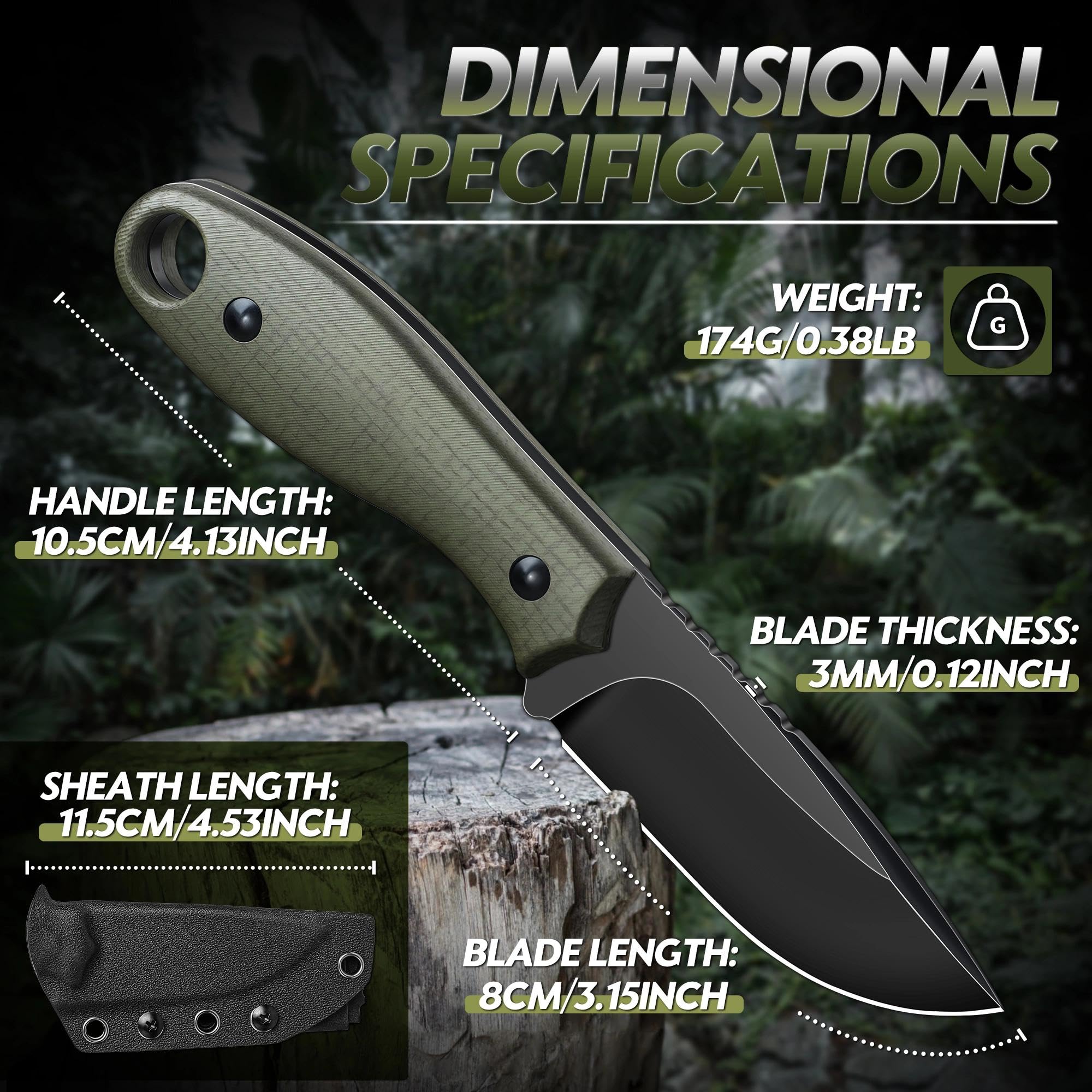 Dragon Creek Kompaktes Outdoor Messer feststehend D2 Stahl, Drop Point Jagdmesser mit G10 Griff, Full Tang EDC Messer mit Kydex Scheide, kleines Camping Bushcraft Messer(Grün) - 2