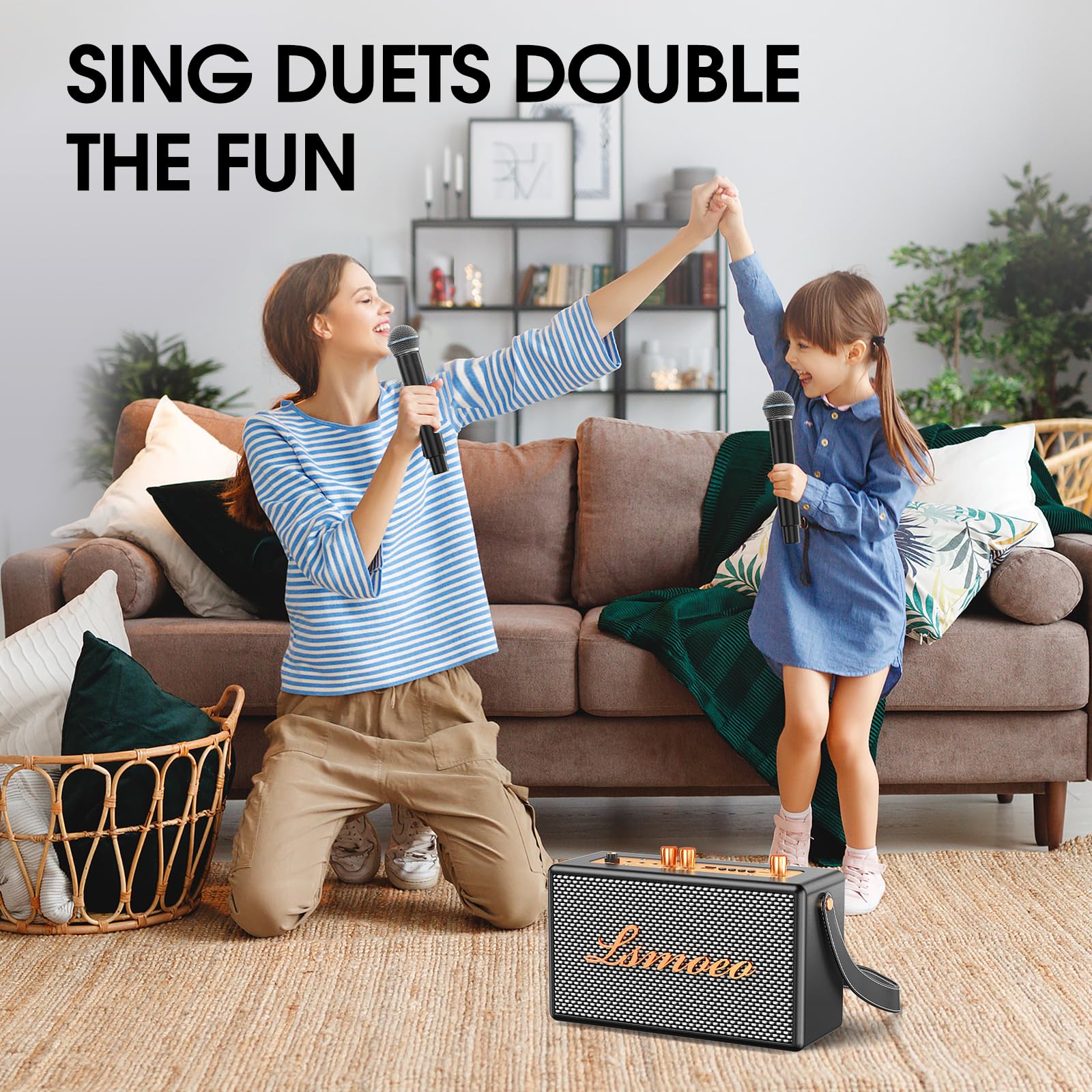Tragbare Karaoke Maschine Anlage mit 2 Drahtlosen Mikrofonen für Erwachsene & Kinder Bluetooth Lautsprecher Unterstützt Vier-Kanal-Mikrofonerweiterung für Hauspartys,Picknicks/Vintage-Geschenke