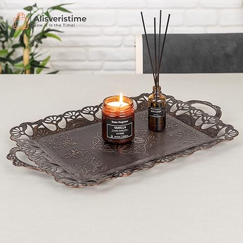 Miniatura 2 de Alisveristime Bandeja otomana turca grande hecha a mano con bordes florales y asas, hecha de zamac, opciones multicolor (18.9 pulgadas de largo x 12