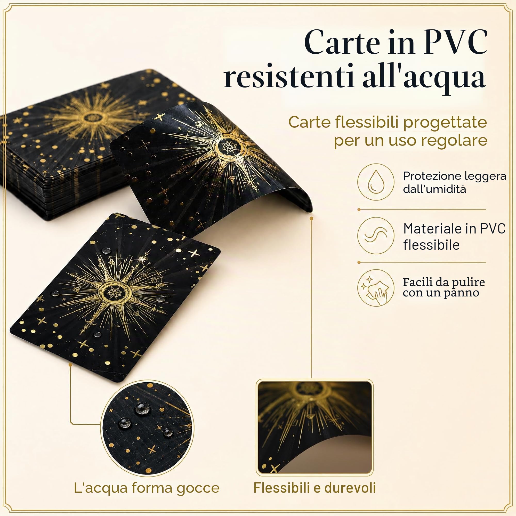 Mazzo di Tarocchi Inglesi Waite in Lamina d'Oro Nero, 78 Carte Gold Foil in PVC Impermeabile con Guida da 36 Pagine, Design Misterioso Rider Waite