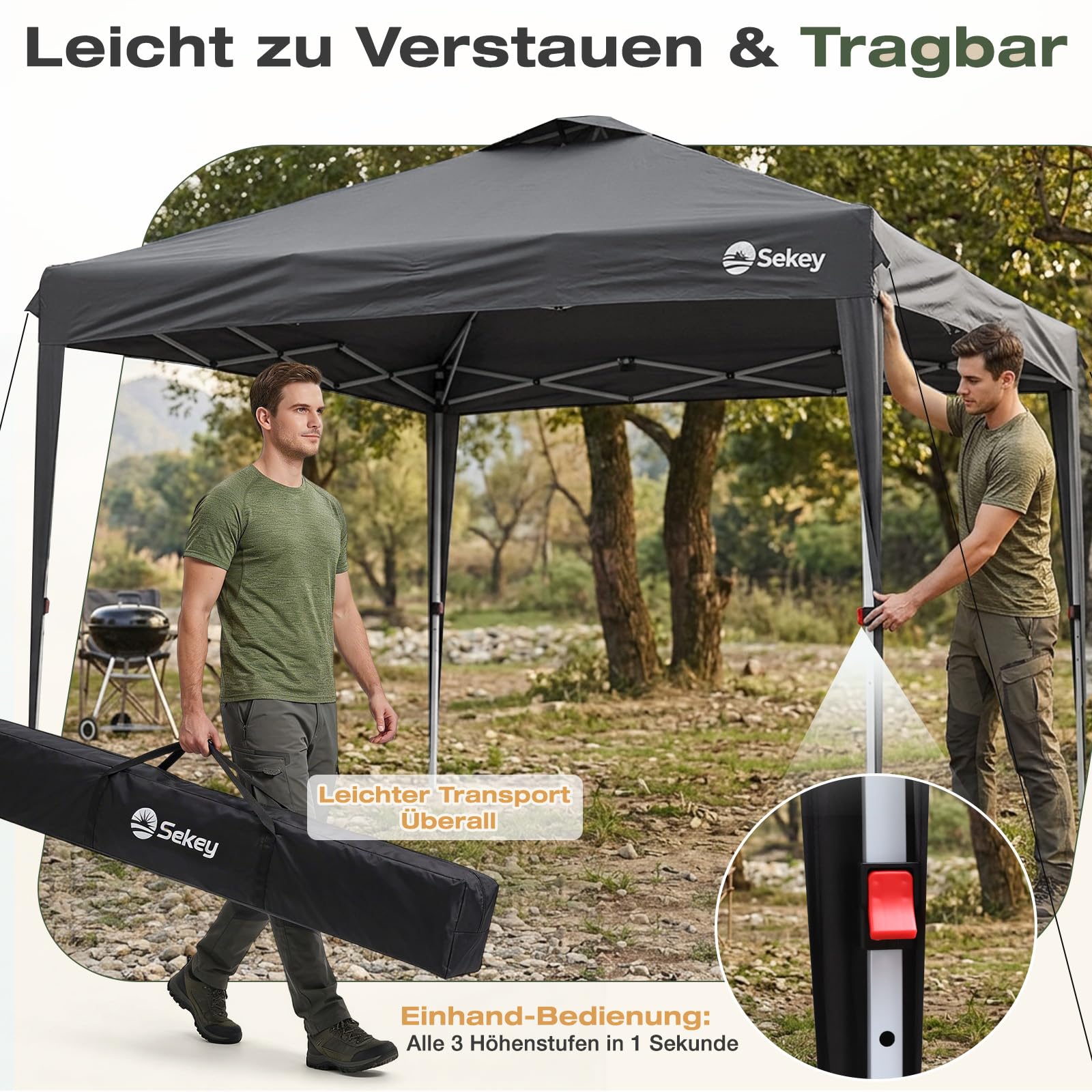 Sekey Pop Up Pavillon Wasserdicht Stabil Winterfest mit Seitenwänden, Faltpavillon 3 x 3 m, Camping Pavillion Faltbar Partyzelt mit Belüftung, Designer Serie 3x3, (Grau, 3x3 Mit Seitenwänden)