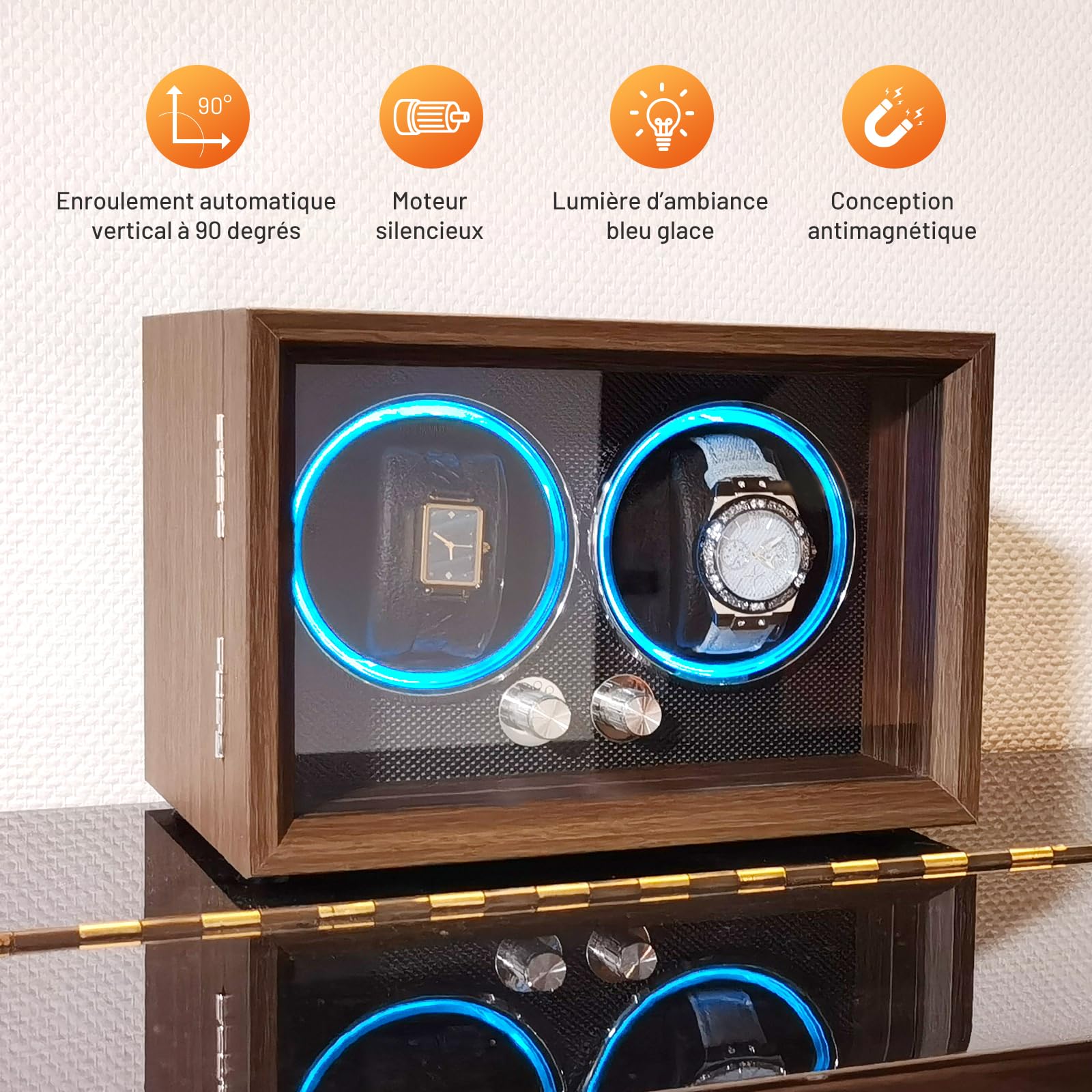 Remontoir pour 2 montres, bois de noyer noir, 4 modes de rotation avec éclairage LED, ultra silencieux