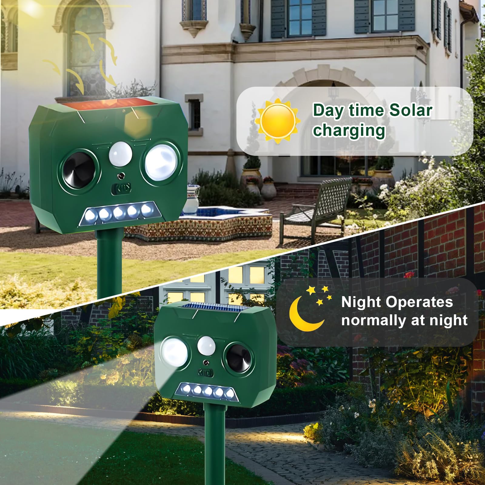 Répulsif Chat Ultrason pour Jardin Solaire Répulsif pour Animaux Etanche avec Lumière LED Repousse Les Renards，Oiseaux，Cerfs，Pigeons，Ratons Laveurs，Taupes et Les Blaireaux. (A)