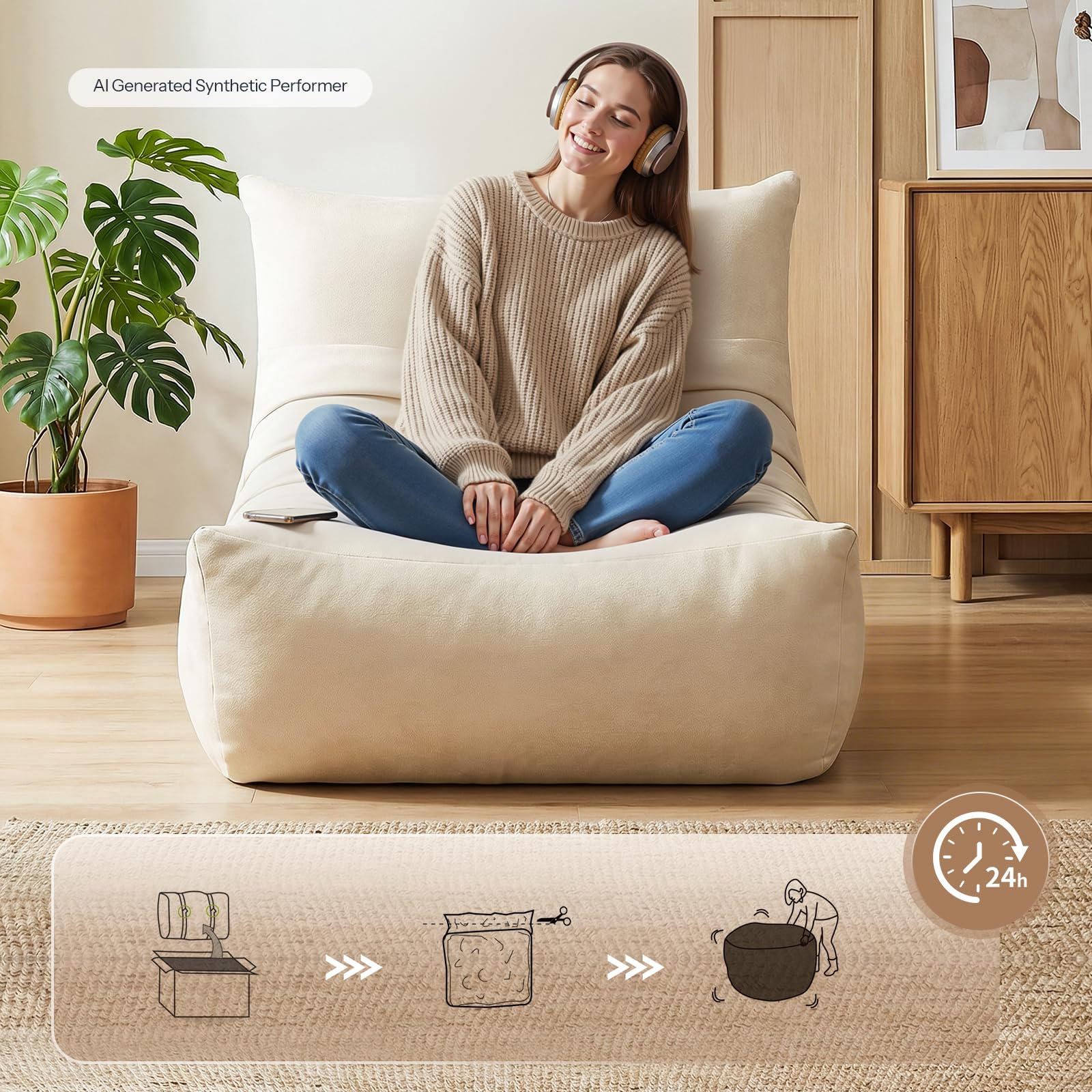 HOOBRO Pouf Poire Chenille, Beige EBE04SO01