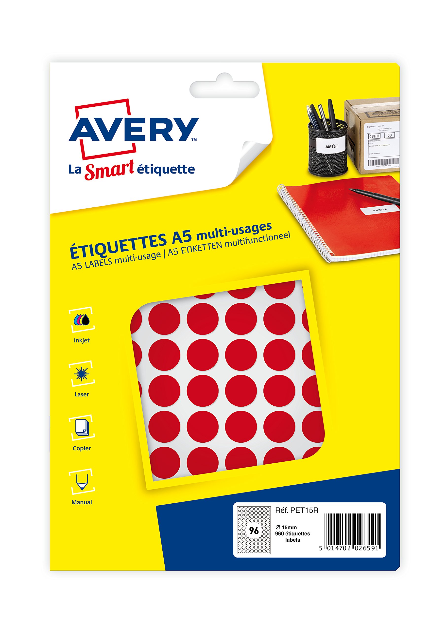 Avery Box of 960 Multi-Purpose Labels 15 mm Red