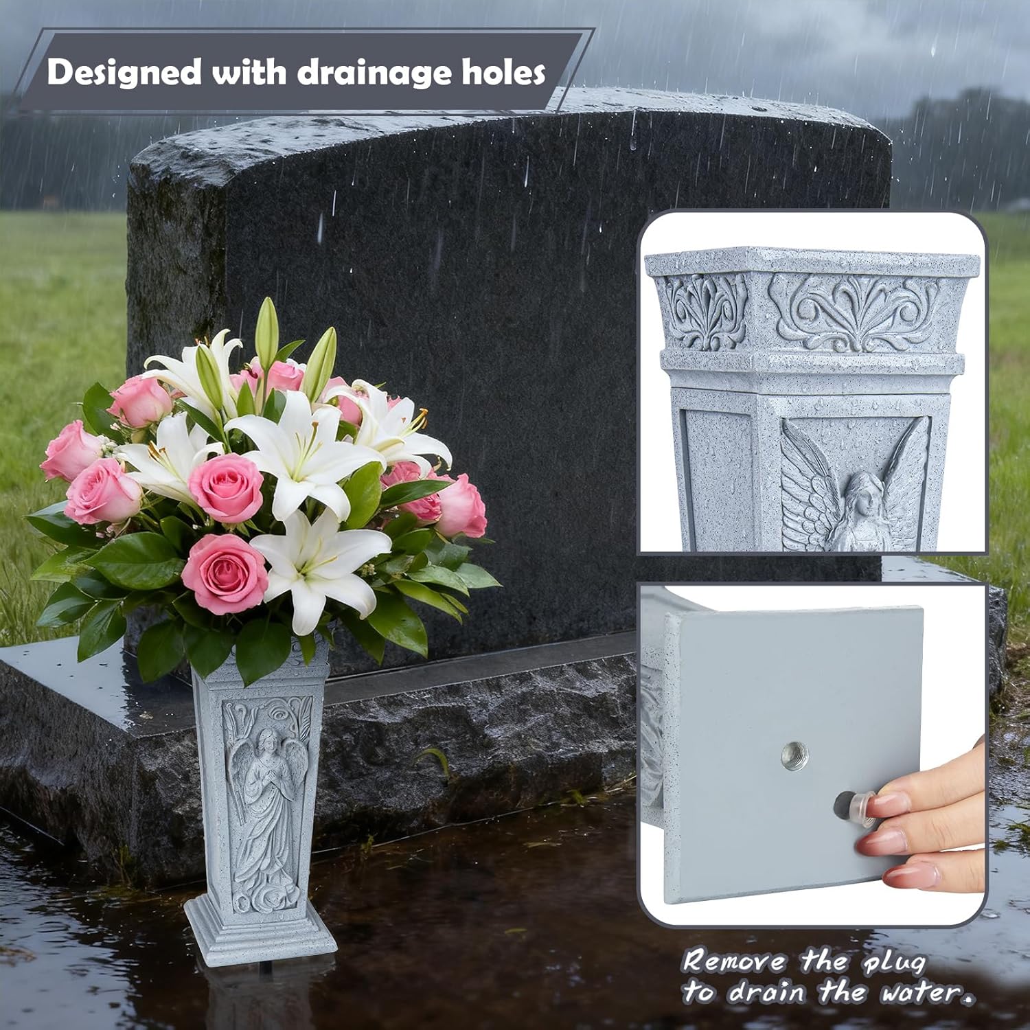 Cemetery Vase for Grave, Resin Grave Flower Holder with Metal Spike for Headstone, Cemetery, Grave, Yard, Garden Decorations