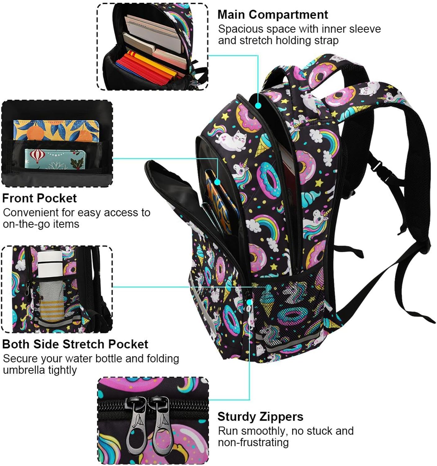 MNSRUU School Backpack with Chest Strap, Rainbow And Unicorns Laptop Backpack, Travel Hiking Backpack for Boys Girls, Rucksack, Knapsack