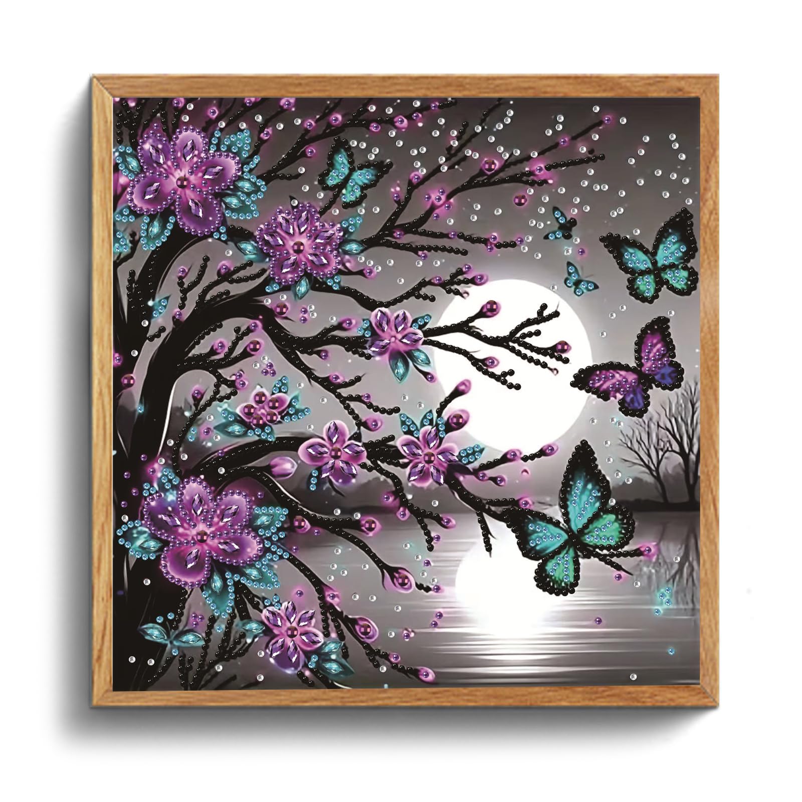 POETRYDRAW Moonlight Purple Blossom 5D DIY Partial Drill Diamond Art Kit 11.81 x 11.81 inch for Adults & Beginners Home Decor (Butterfly Tree)