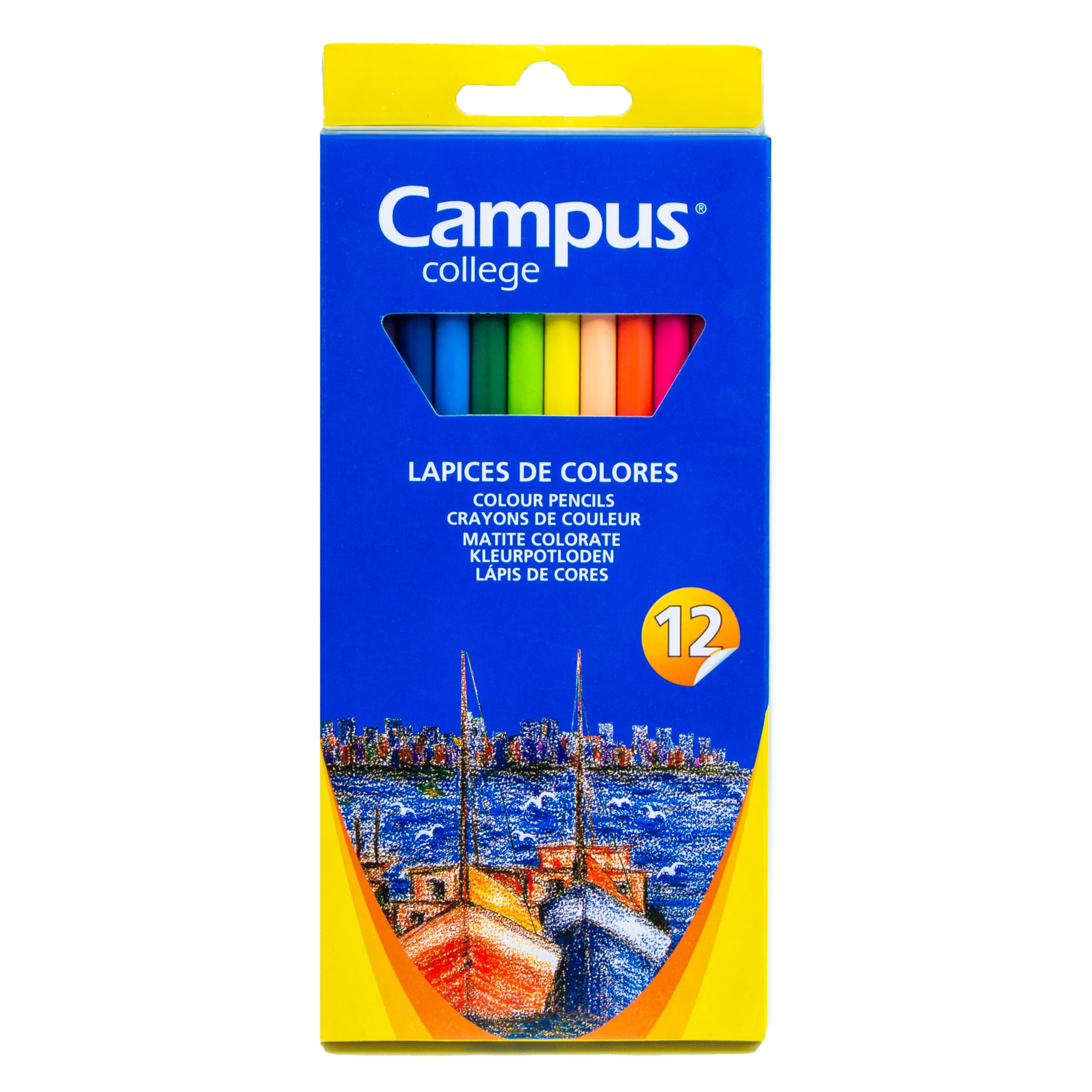 Campus – Lápices de Colores, Caja de 12 Lápices de Madera con Mina Gruesa Más Resistente, Pinturas de Madera Hexagonales de Colores Intensos para Dibujar y Pintar (Pack de 12)