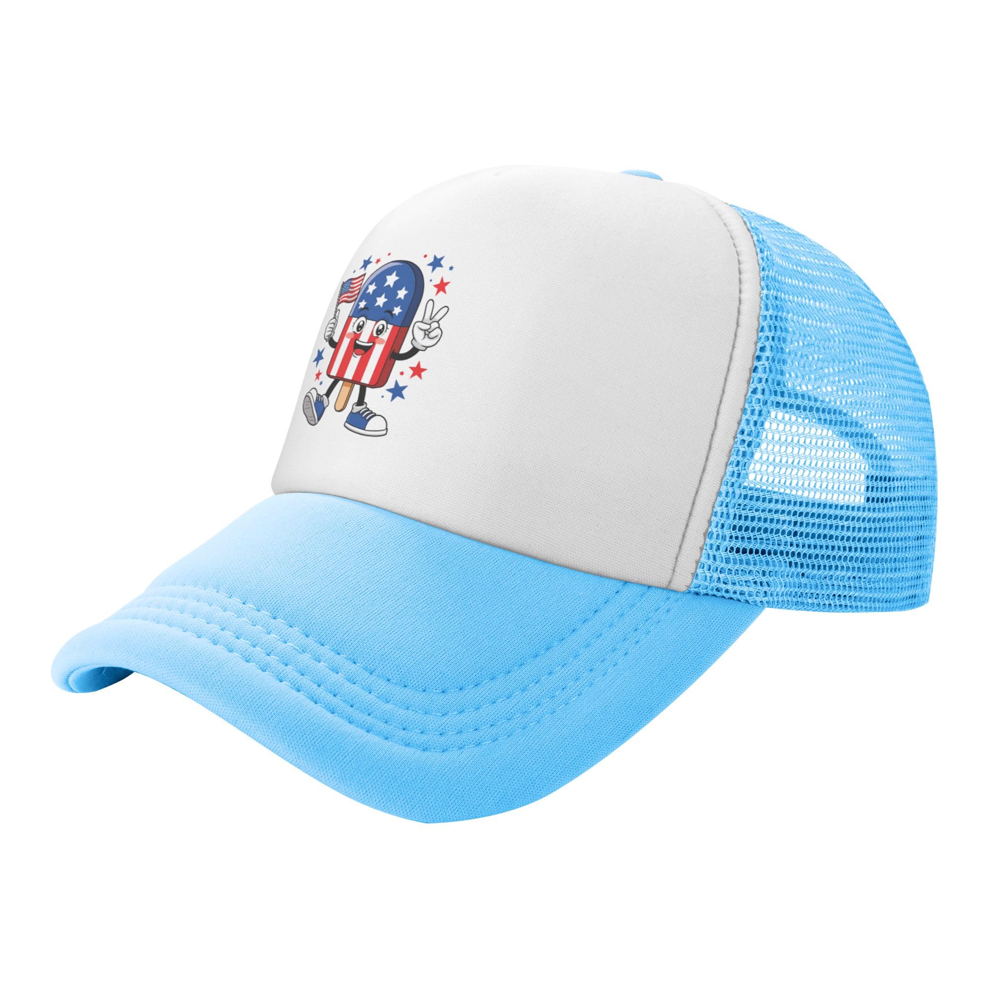 Greenchant Cool Popsicle Funny 4th of July Trucker Hat Patriotic American Kids Hats Adjustable Mesh Baseball Cap - Sky Blue