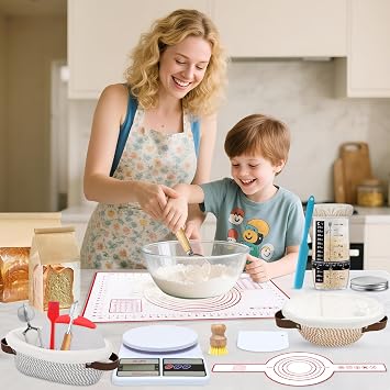 PeacePeo 38pc SOURDOW STARTER KIT Cotton Rope Springton Bread Proofing Basket with SOURDOW STARTER JAR 10 Round & Oval Proof Basket with Liner & Cover for Artisan Baking