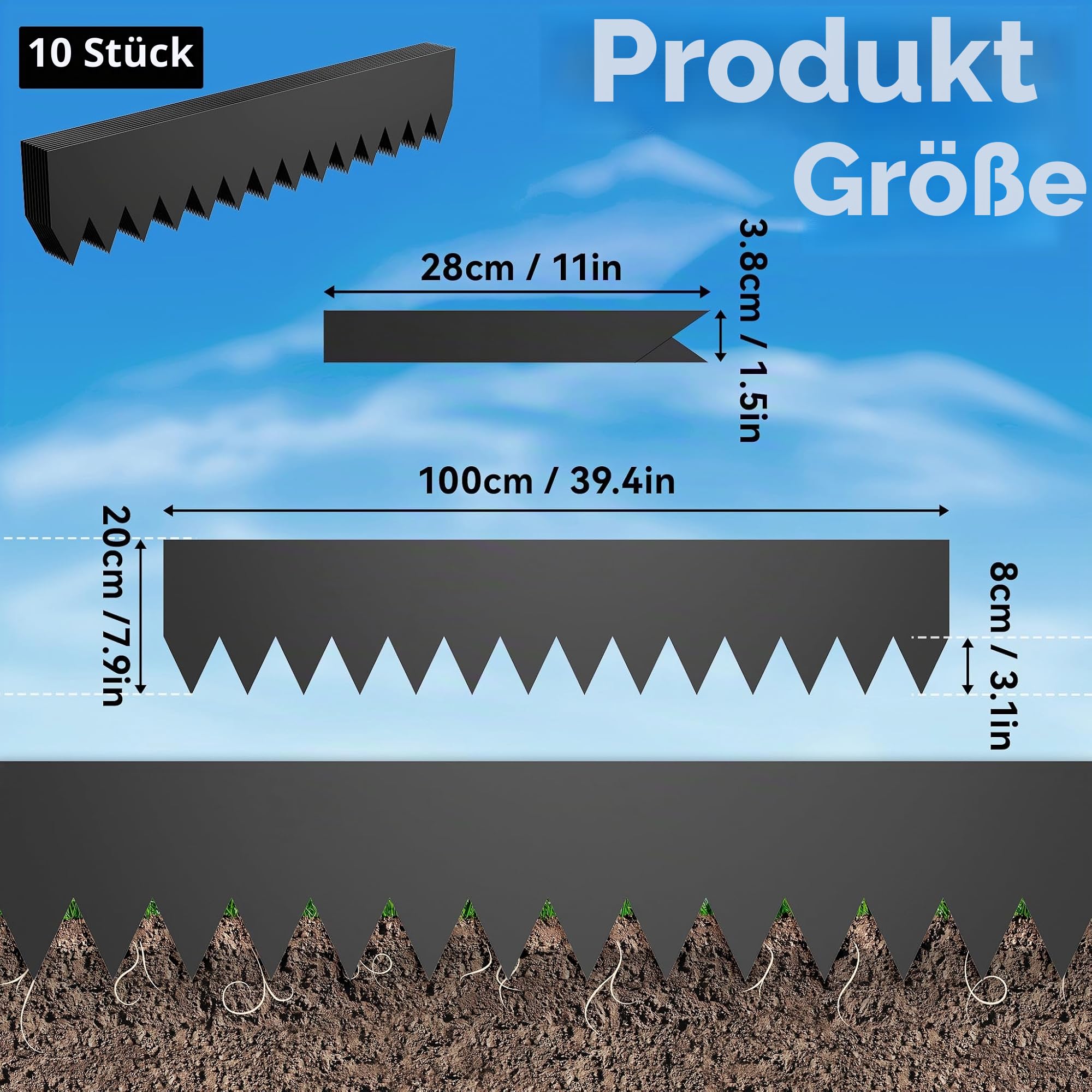 Aufun 10 Stück Rasenkante verzinkt Metall, 10M Flexible Beeteinfassung Mähkant Palisade Gartenbeet mit Dornen, Beetumrandung für Hof Garten Bauernhof verwendet Werden, Schwarz (100cmL x 20 cmH)