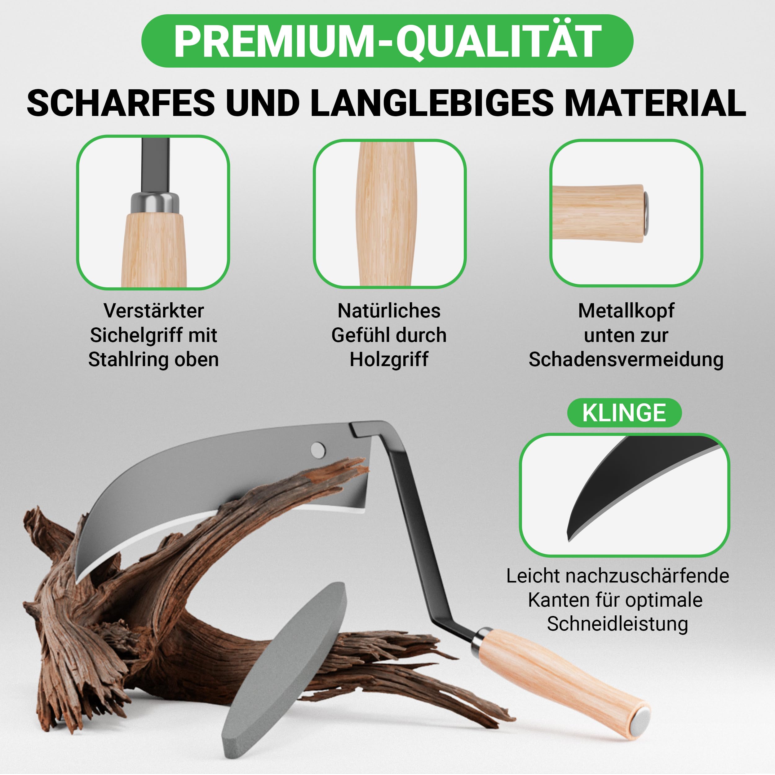 Sensensichel mit Holzgriff - traditionelle scharfe Sichel - nachhaltige Handsense 31x33 cm- inklusive Gratis Schleifstein – robuste Handsense für Gras